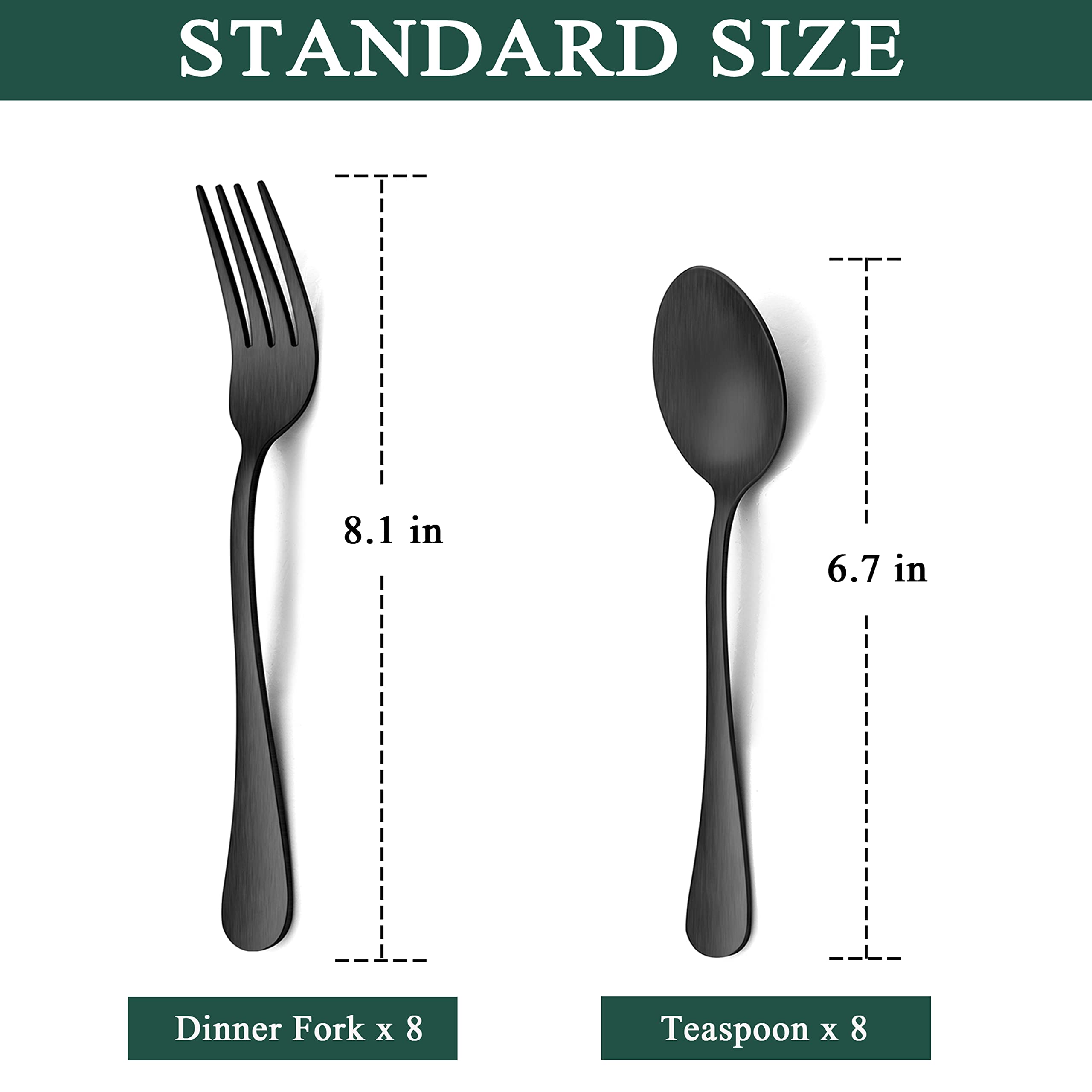 Lianyu 16-Piece Matte Black Forks And Spoons Silverware Set, 8 Dinner Forks And 8 Teaspoons, Stainless Steel Black Flatware Cutl