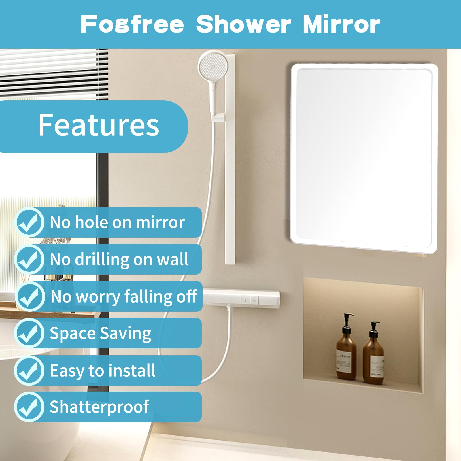 YoHumk Fog Free Shower Mirror (9 * 7 inch) 3M Adhesive Anti-Fog Bathroom Wall Mirror, Plastic Fogless Shower Makeup Mirror for S