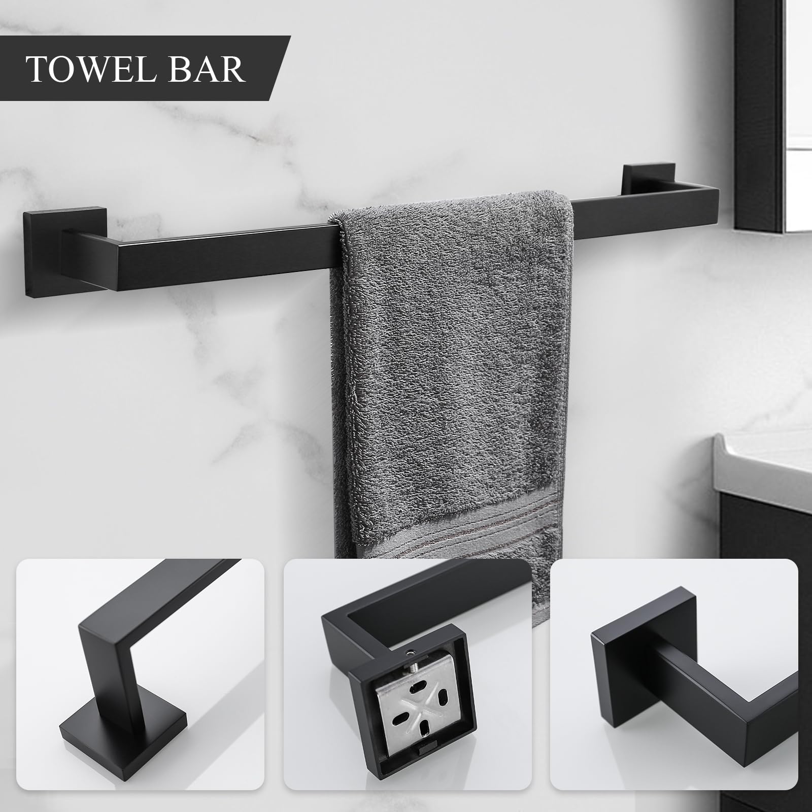 TURS 5-Pieces Bathroom Hardware Set Black Towel Bar Holder Set Stainless Steel Bath Accessories Set Wall Mounted  Q7BK-P5