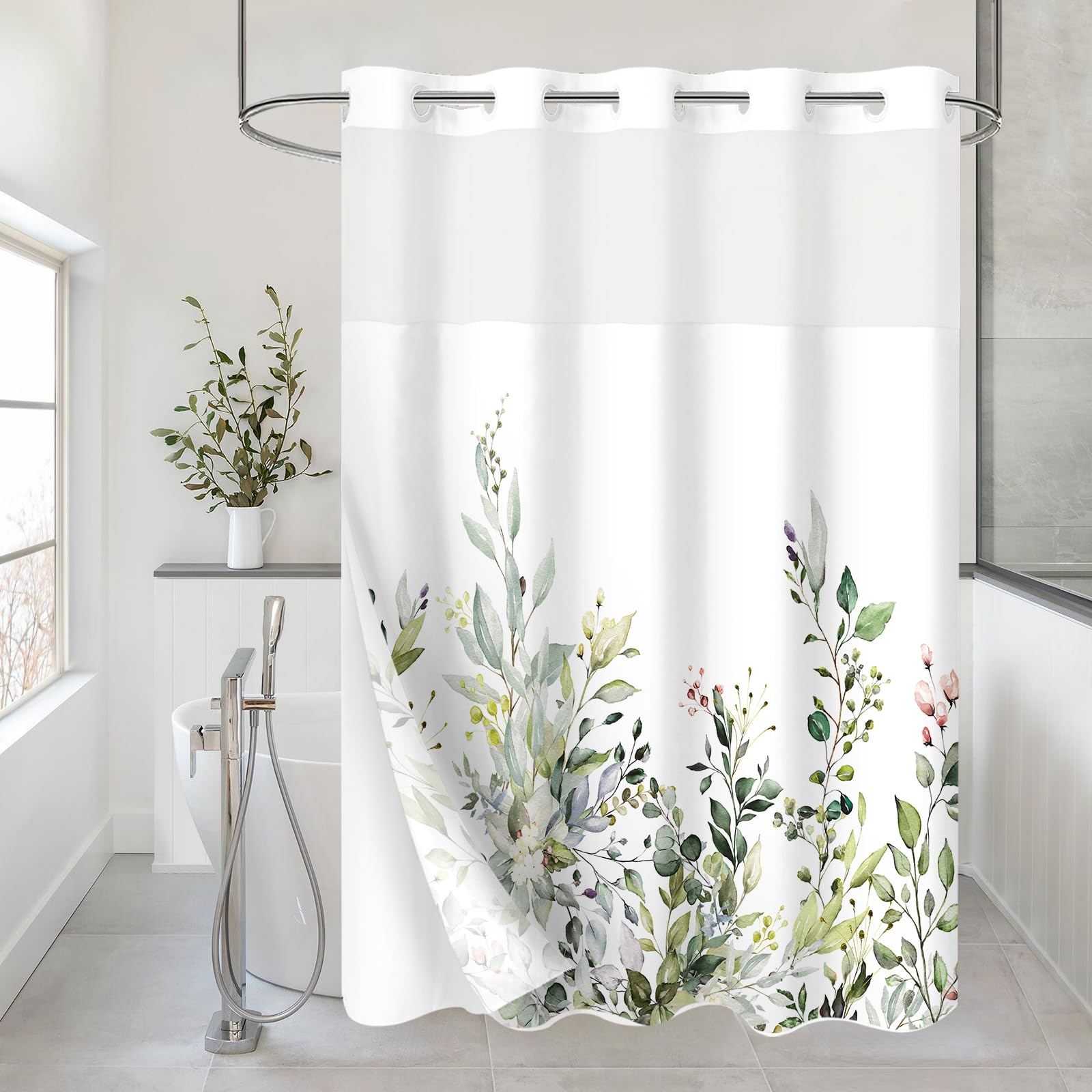Gibelle No Hook Eucalyptus Shower Curtain With Snap-In Fabric Liner Set, Hotel Style Sage Green Plant Leaves Double Shower Curta