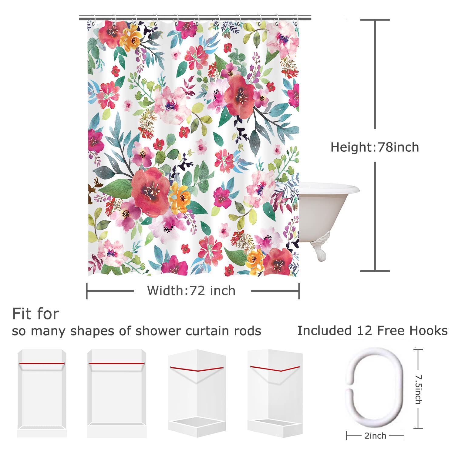Livilan Floral Shower Curtain For Bathroom Flower Shower Curtain Watercolor Girls Shower Curtains Flowered Shower Curtain With H