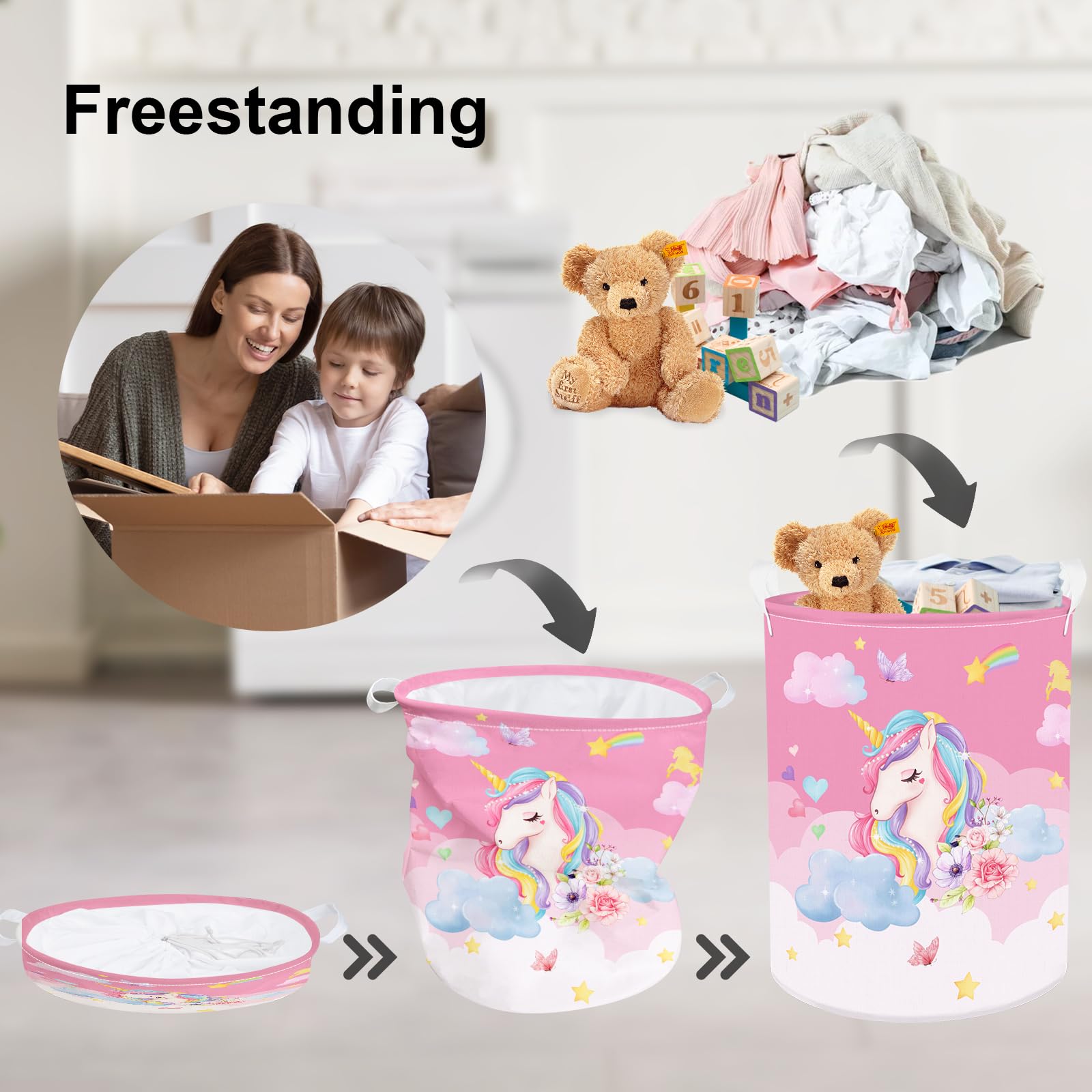 Clastyle 63L Unicorn Rainbow Collapsible Laundry Basket Large Pink Dirty Clothes Hamper For Girl Moon Star Flower Toy Storage Ba