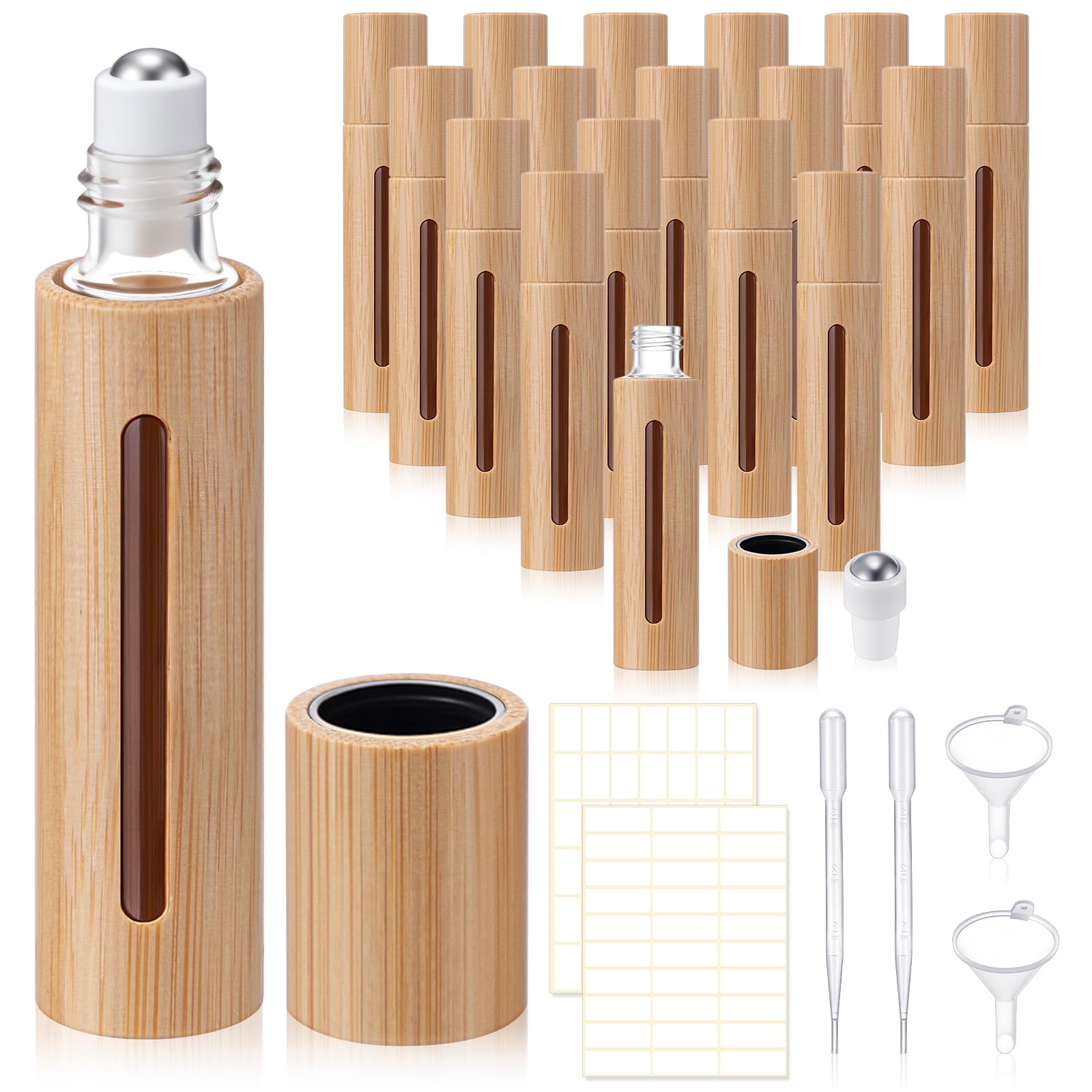 BrightRow 18 Pcs 5ml Bamboo Roll on Bottles for Essential Oils, Empty Bottles with Stainless Steel Roller Balls with Funnels, 3m