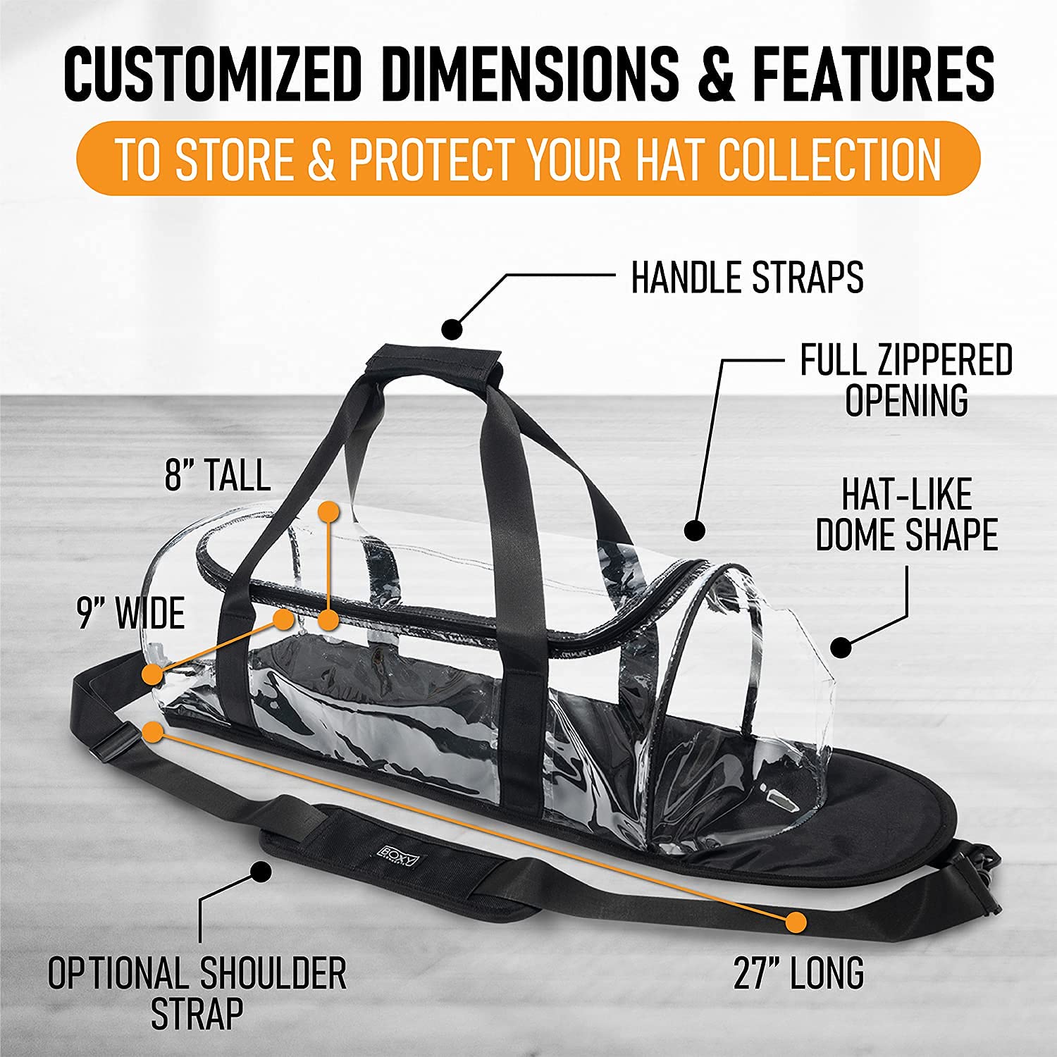 Boxy Concepts Hat Storage Bag - Holds 24 Baseball Caps. Transparent Dome Shaped Carrier Case With Hand And Shoulder Strap. Zippe