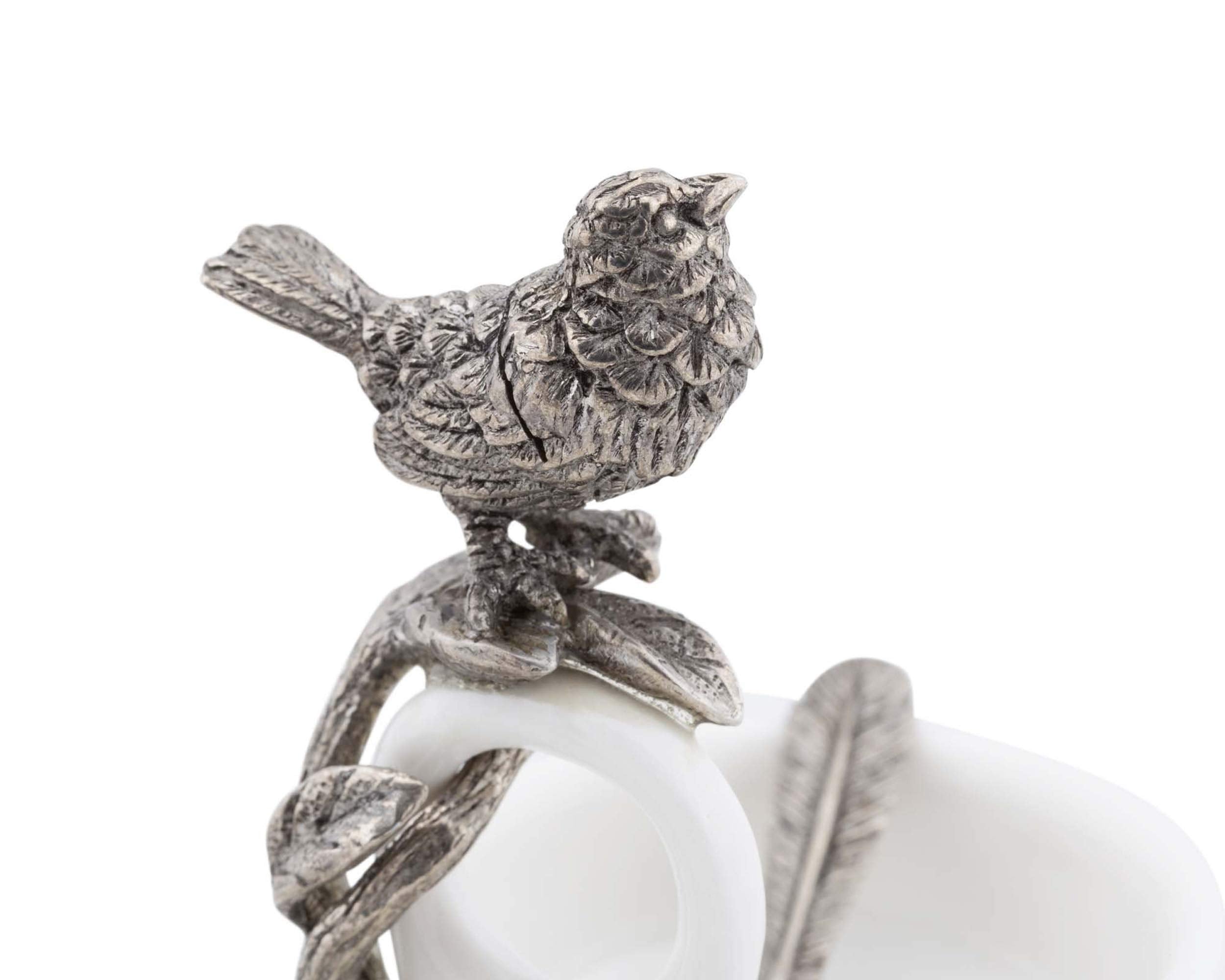 Vagabond House Song Bird Double Salt Cellar Spice Sauce Server And Place Card With Pewter Feather Spoons 2.5 Inch Tall 4.25 Inch