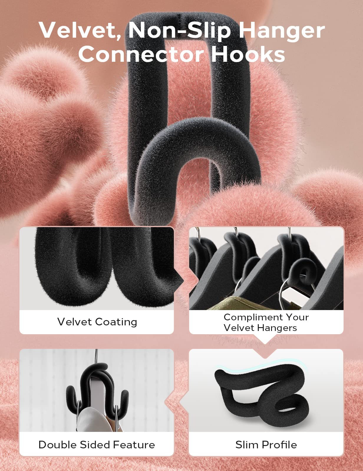 Velvet Clothes Hanger Connector Hooks[Non-Slip Complement Velvet Hangers] Hanger Hooks Space Saver Hanger Extender Hooks Felt Sp