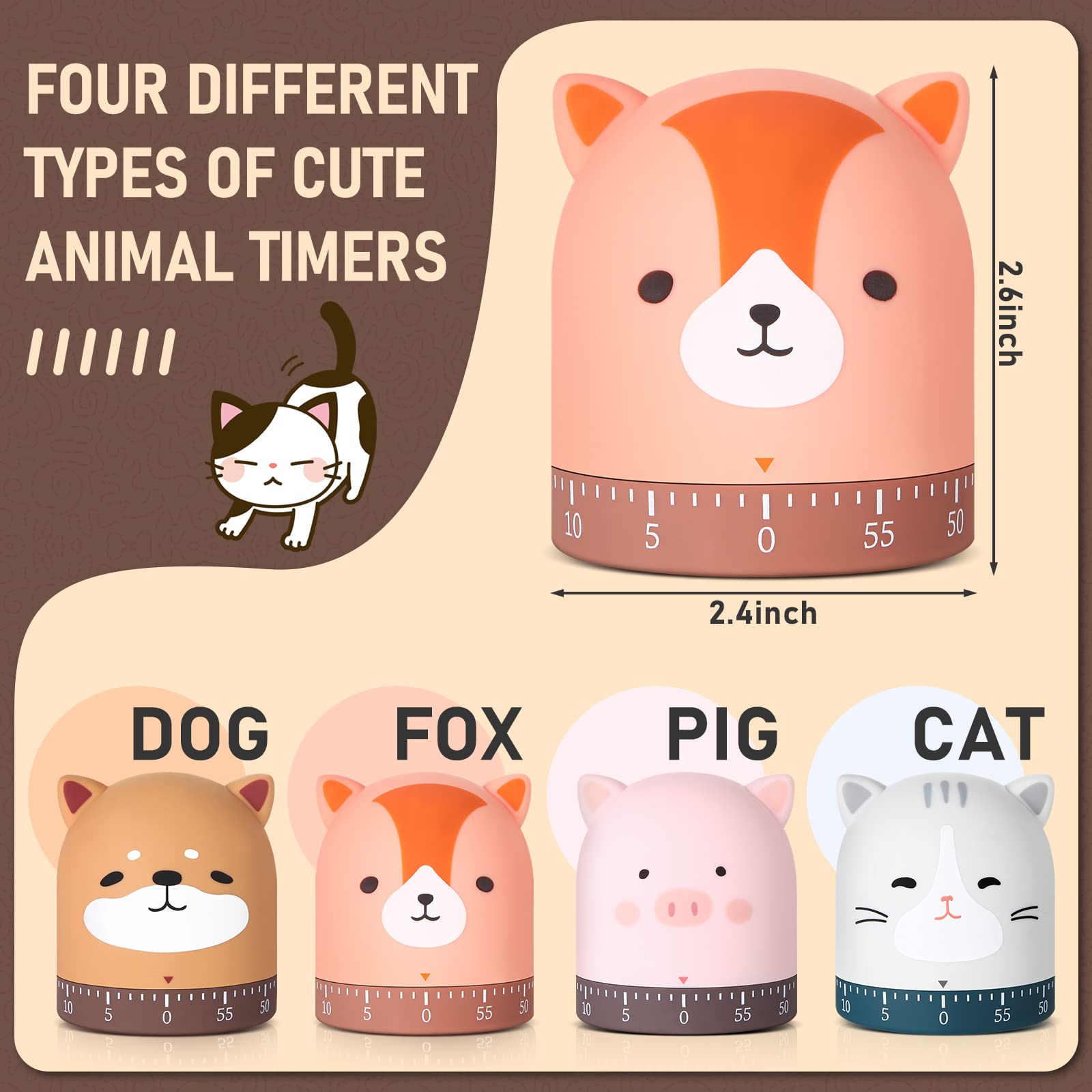Queekay 4 Pcs Kitchen Cooking Timer Animal Mechanical Timer 60 Minute Wind Up Dial 360 Rotating Countdown Egg Reminder No Batter