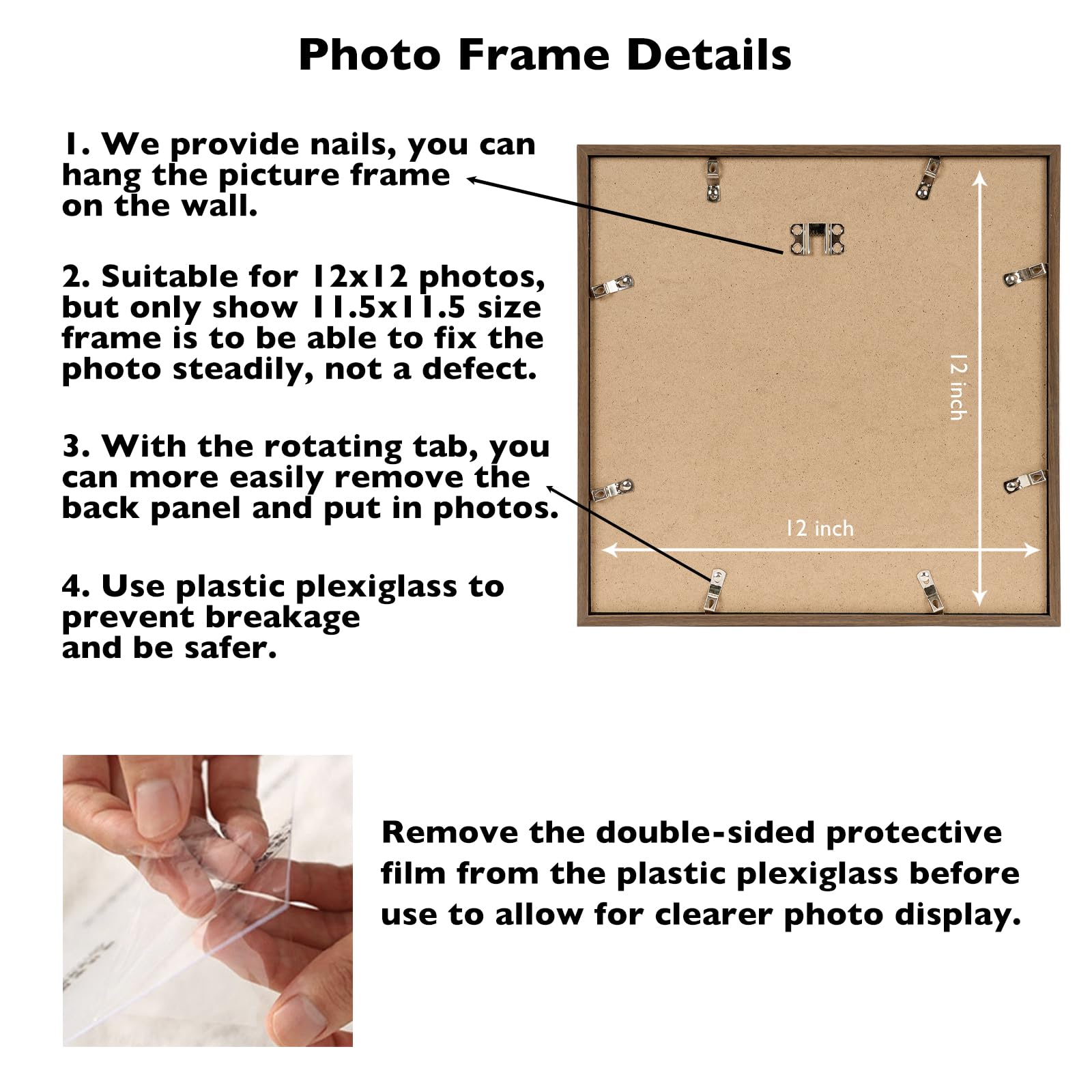 JCJMY 12x12 inch Picture Frame, Horizontal and Vertical Formats for Wall Hanging, 12 x 12 Square Wall Gallery Poster Photo Frame