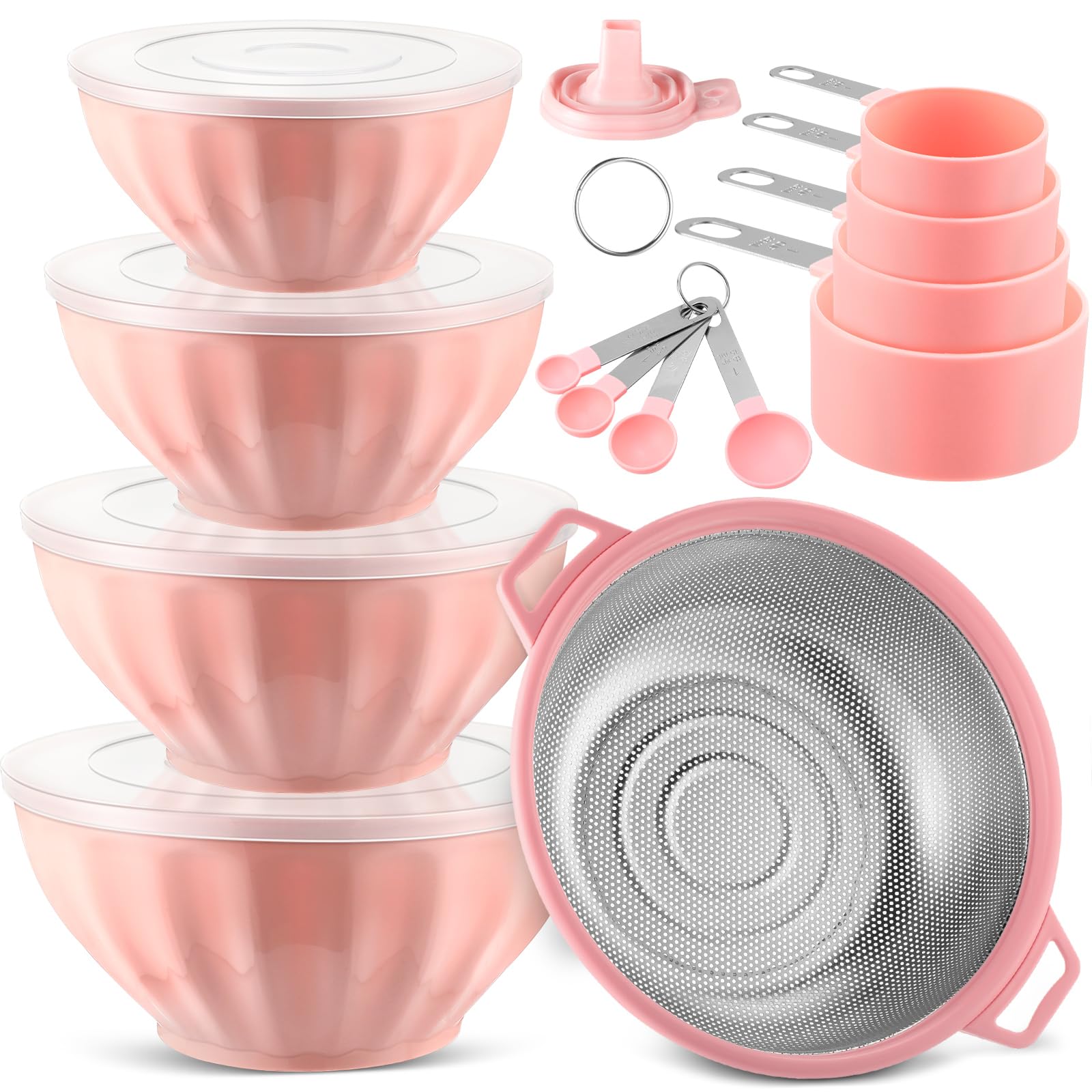 Ziliny 4 Pcs Mixing Bowls with Lids Plastic Nesting Bowls Set with Stainless Steel Colander 8 Pcs Measuring Cups and Spoons Set 