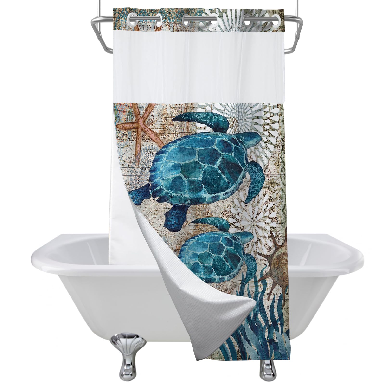 Final Friday Green And Teal Sea Turtles Theme No Hook Waffle Weave Shower Curtain With Snap In Liner Nautical Beach Bathroom Blu