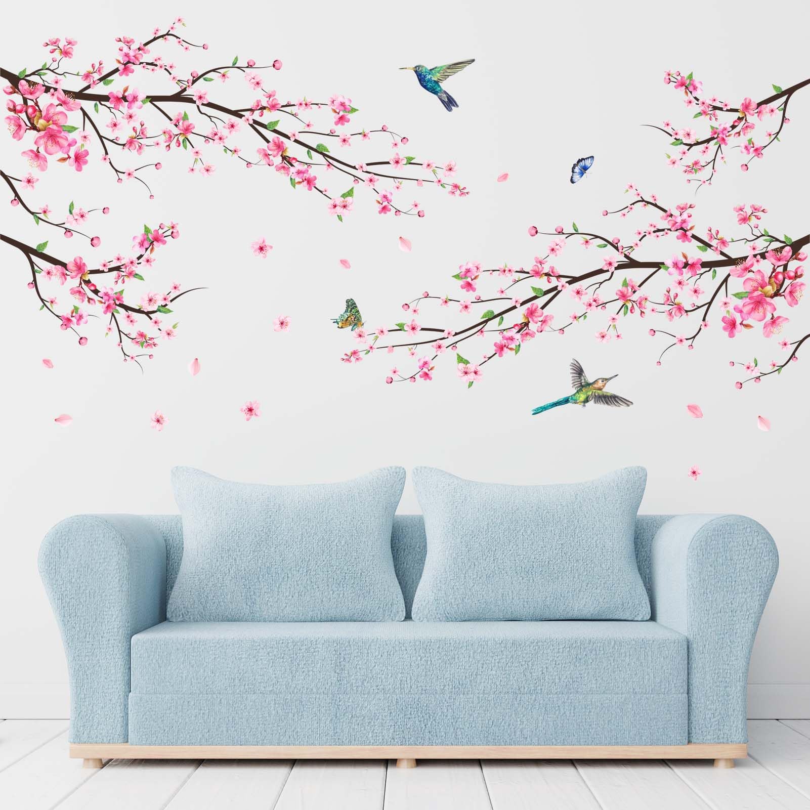 Amimagen Pink Watercolor Cherry Blossom Wall Stickers - Tree Branch Flower Birds Wall Decals - Bedroom Living Room Sofa Tv Backg