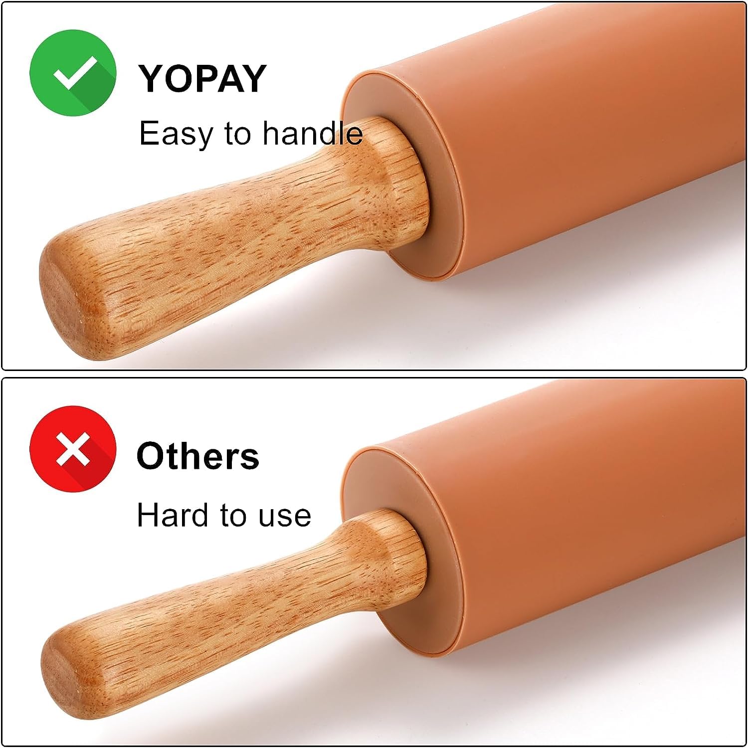 Yopay 4 Pack Silicone Rolling Pin For Baking, Non Stick Large 17 Inch Roller With Wood Handle For Tortillas Dough, Pizza, Pie, P