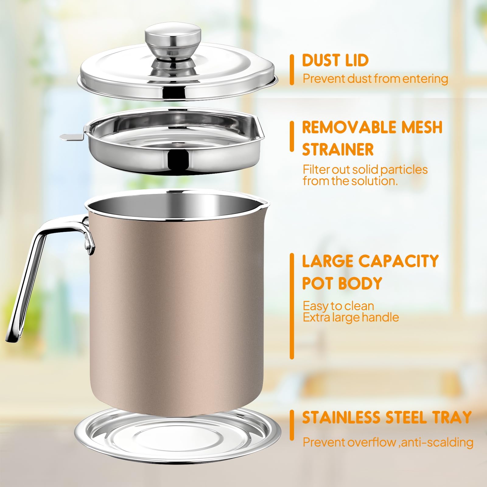 Chihee Grease Container Stainless Steel Bacon Grease Saver With Fine Mesh Strainer 2L / 67.6 Fl Oz Oil Container Grease Can With