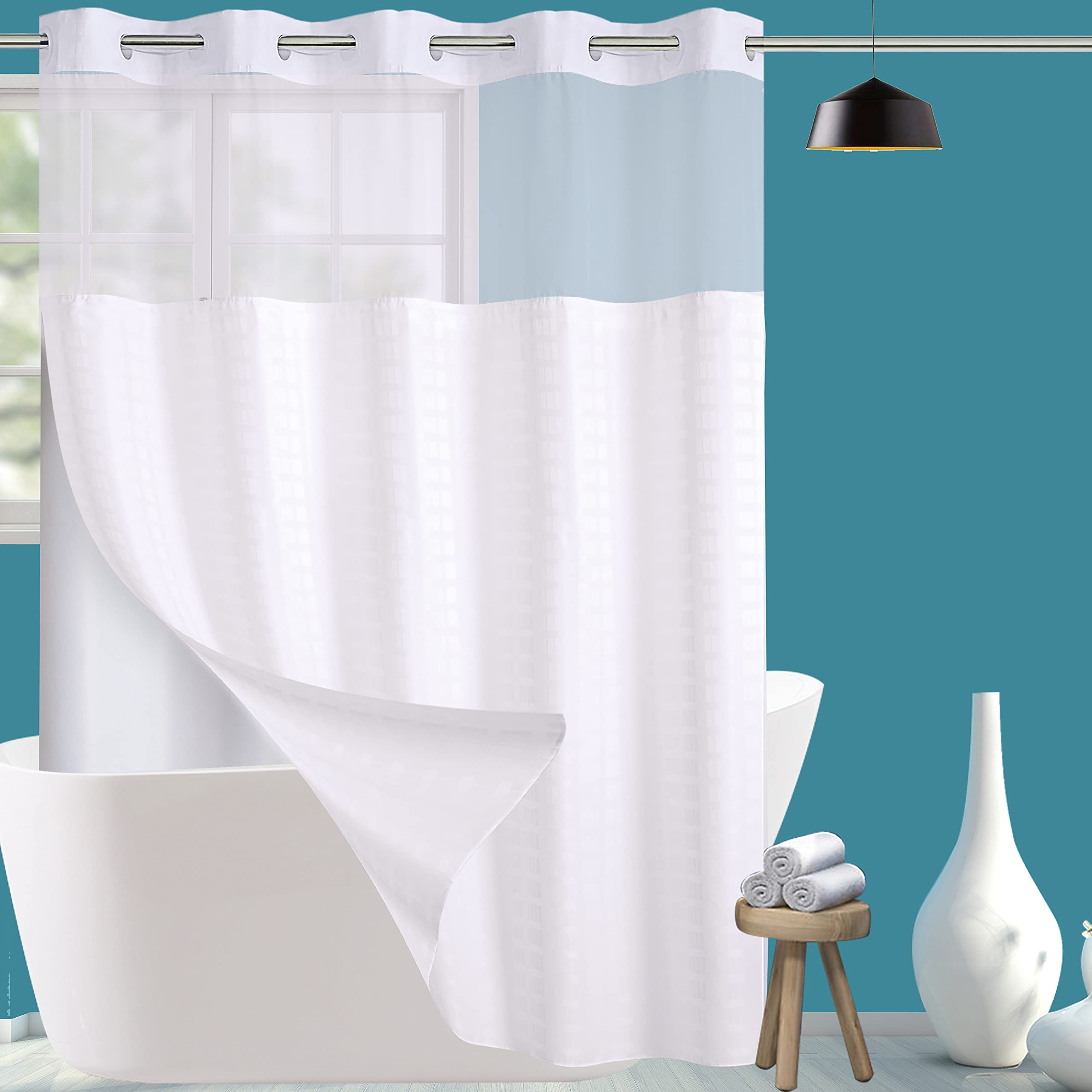 Conbo Mio Hotel Grade Fabric Shower Curtain With Snap In Liner For Bathroom With See Through Top Window, Spa, Machine Washable,