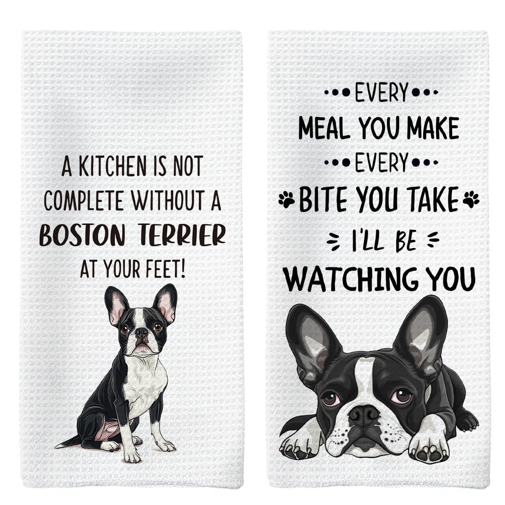 Tzhim Boston Terrier Gifts Kitchen Towels Set of 2, Boston Terrier Gifts for Women, Boston Terrier Decor Hand Towels, Boston Ter