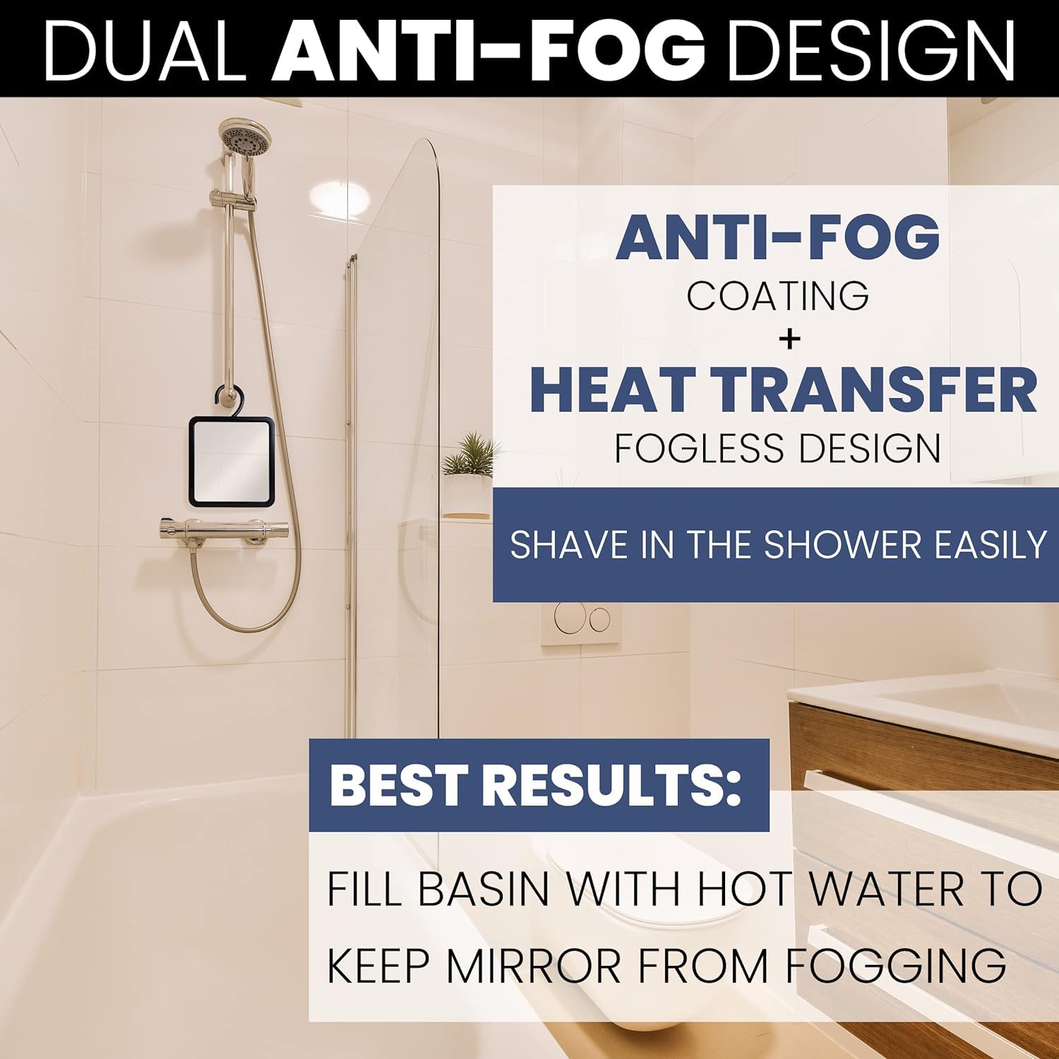 Mirrorvana Dual Anti Fog Shower Mirror For Shaving With Hook For Hanging And Fogless Shatterproof Surface - Fill Back Chamber/Re