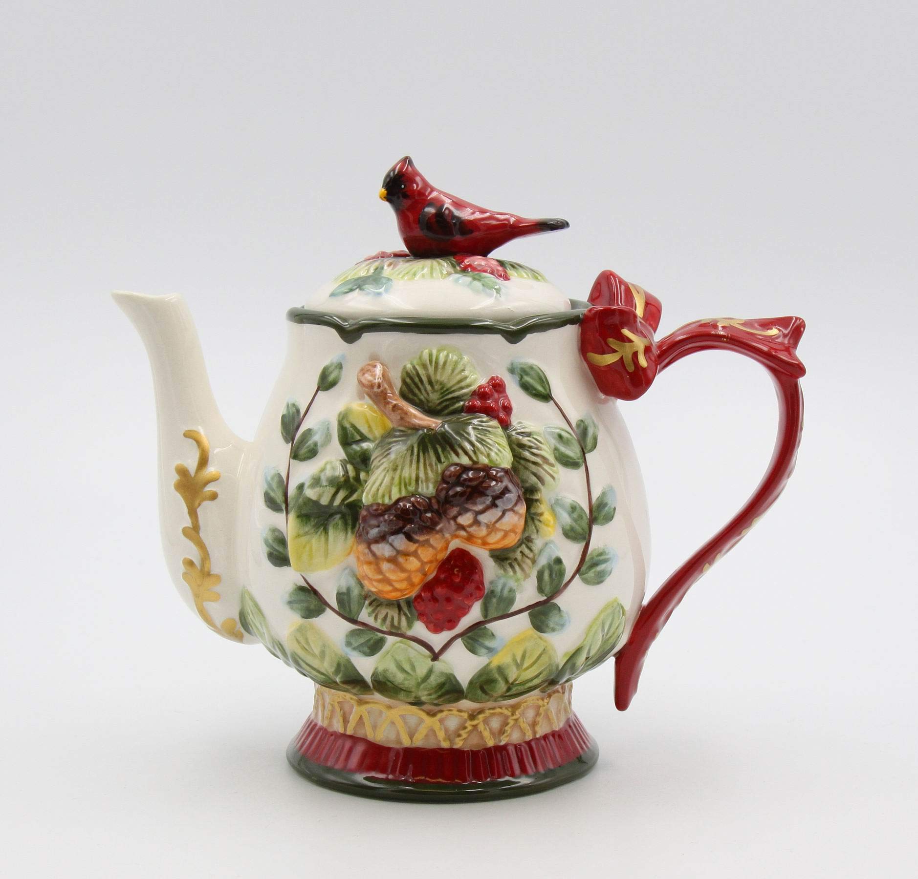 Fine Ceramic Evergreen Holiday Red Cardinal With Pine Cones Teapot, 8-1/8'' L