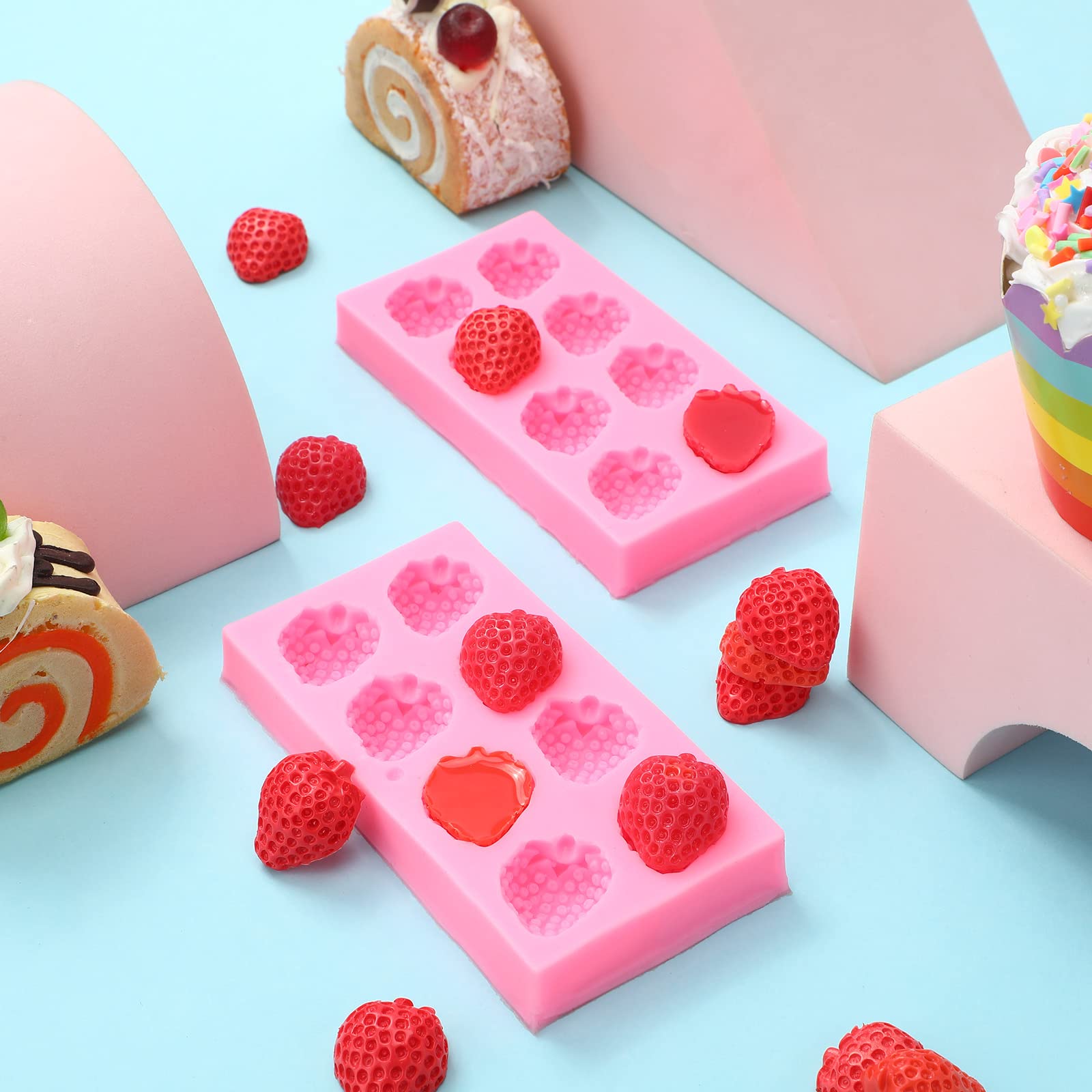 2 Pieces Strawberry Baking Mold Silicone 3D Cupcake Strawberry Mold Strawberry Silicone Fondant Mold For Diy Topper Decorating C