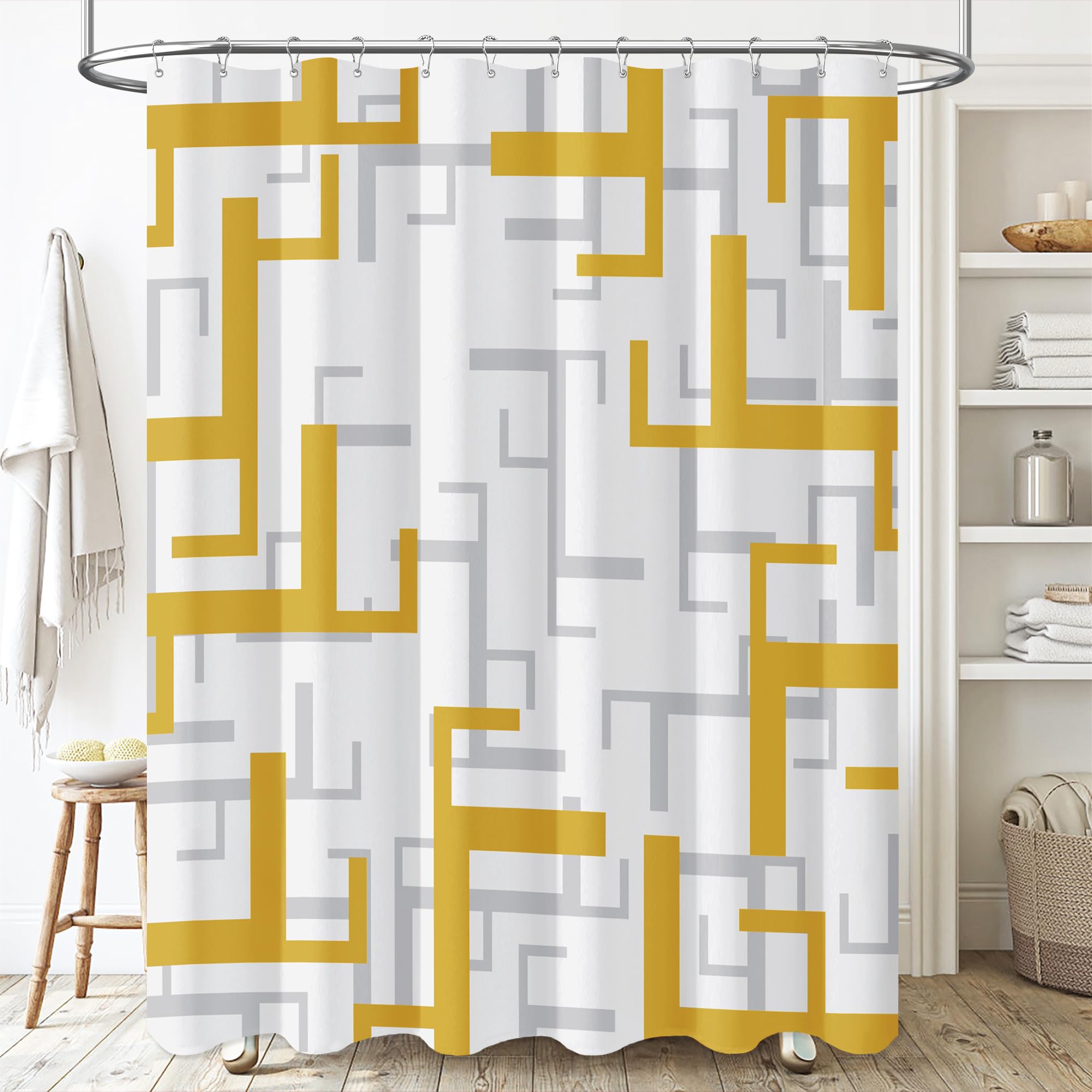 Bttn Gold Shower Curtain, Geometric Fabric Shower Curtain Set With 12 Plastic Hooks, Water Repellent, Machine Washable, Modern D