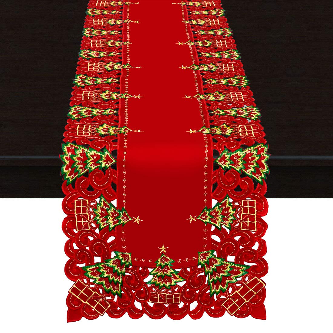 Grelucgo Embroidered Christmas Holiday Holly Tree Table Runner, Dresser Scarf, Rectangular 16 X 132 Inch