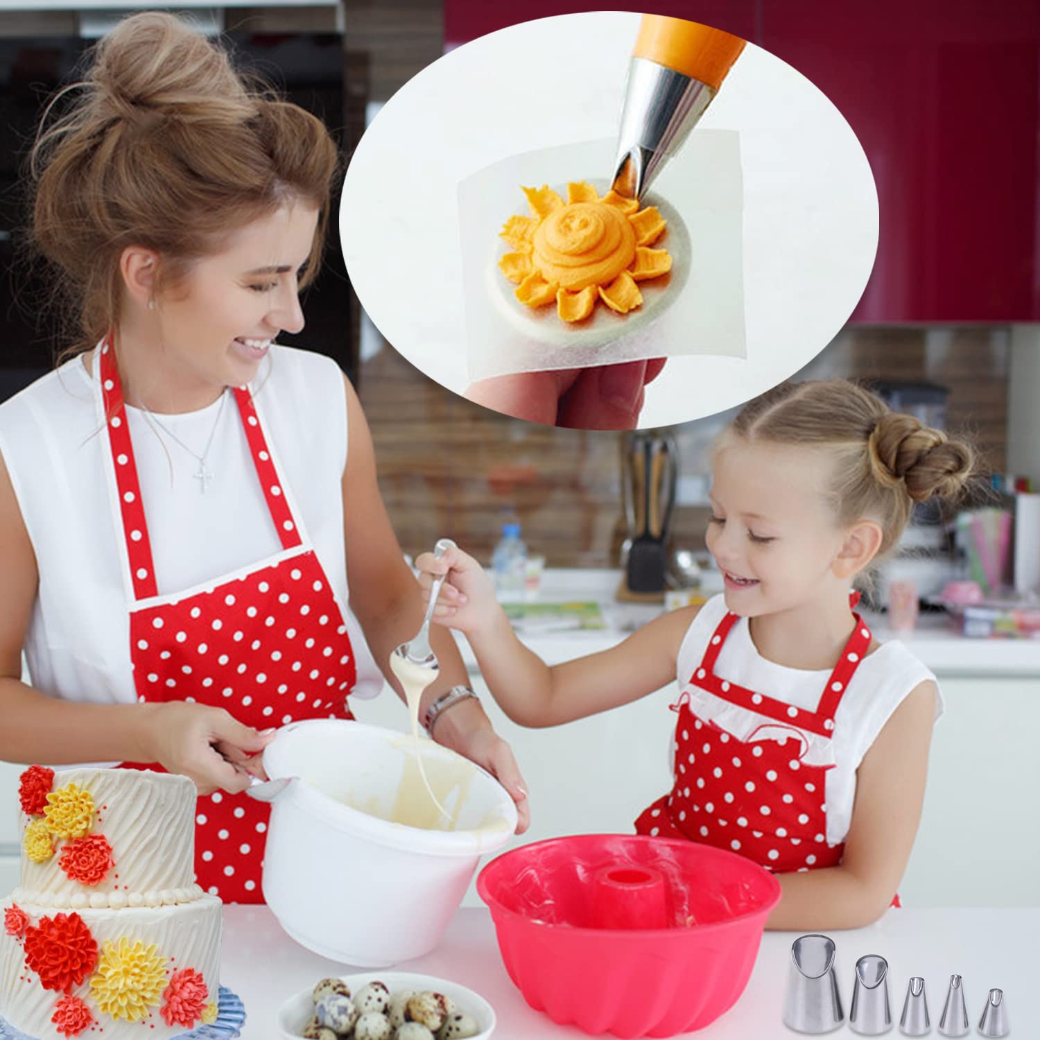 Suuker 5Pcs Rose Flower Piping Tips Set,Stainless Steel Chrysanthemum Crinkle Cream Laminating Nozzles, Cupcake Pastry Tool For