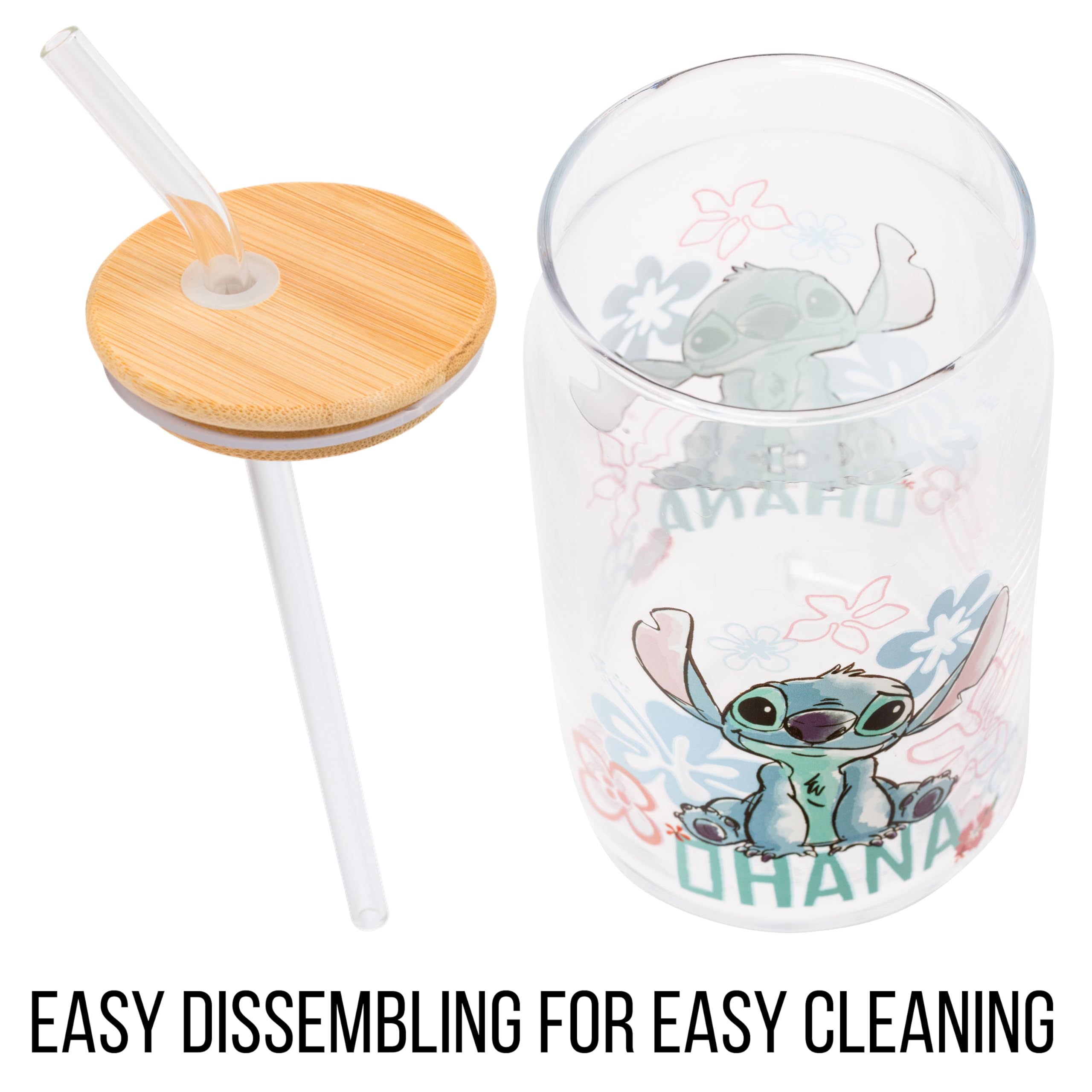 Silver Buffalo Disney Lilo And Stitch Ohana Glass Tumbler With Bamboo Lid And Reusable Glass Straw Featuring Stitch Sitting, 16