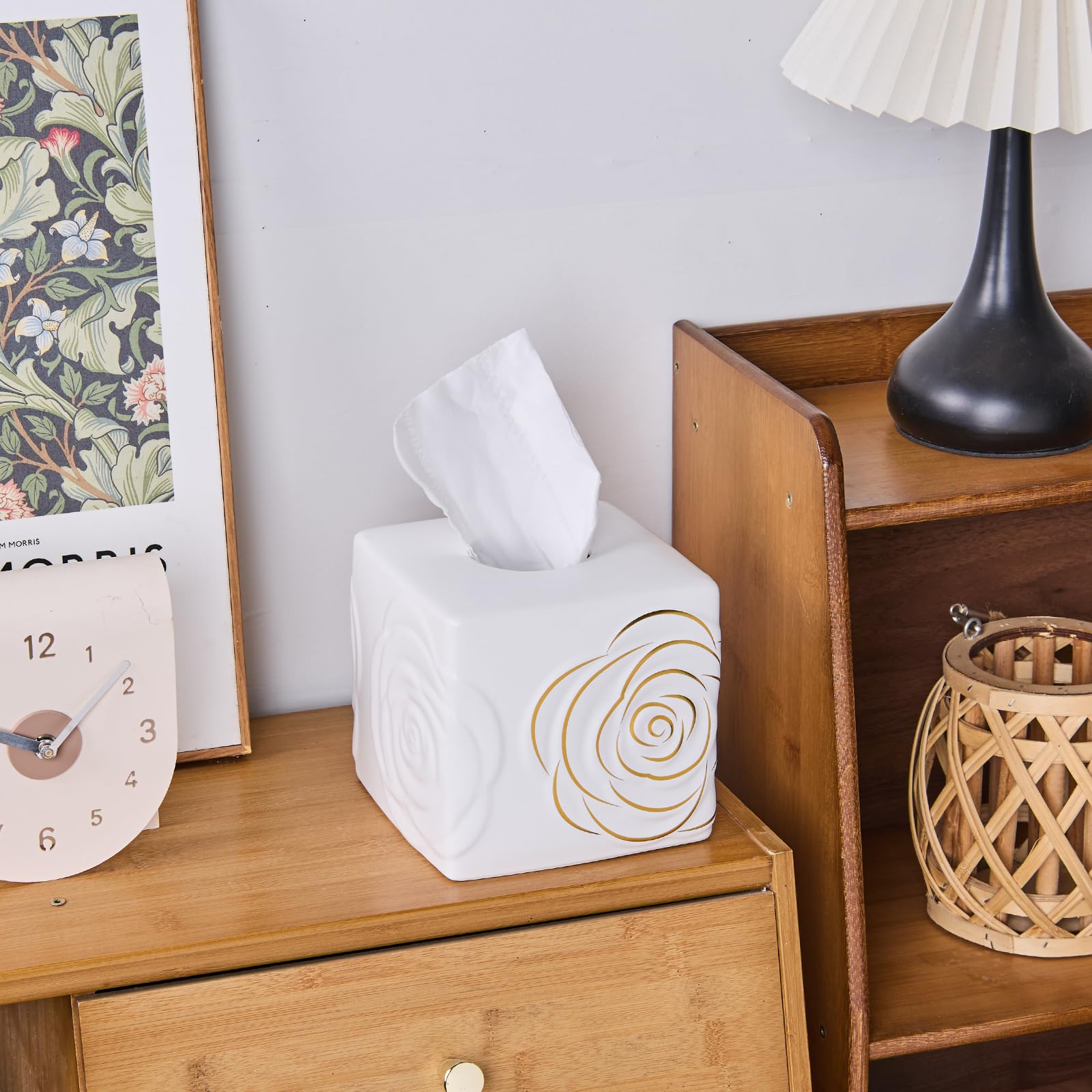 White Ceramic Cube Tissue Box Cover with Gold Rose - Large Elegant Rose Floral Square Decorative Tissue Box Holder for Bathroom,