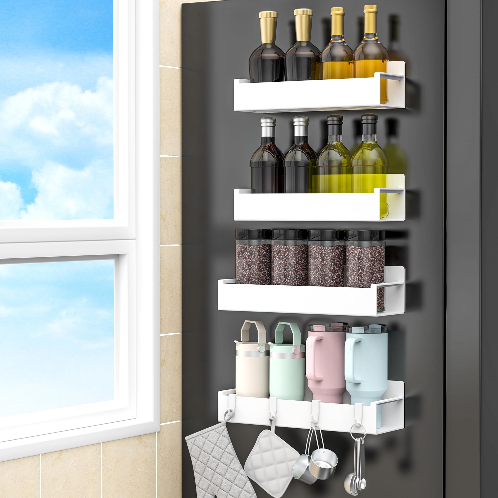 HuggieGems 4 Pack Magnetic Spice Rack Organizer for Refrigerator and Oven, White Fridge Organizers and Storage for Kitchen