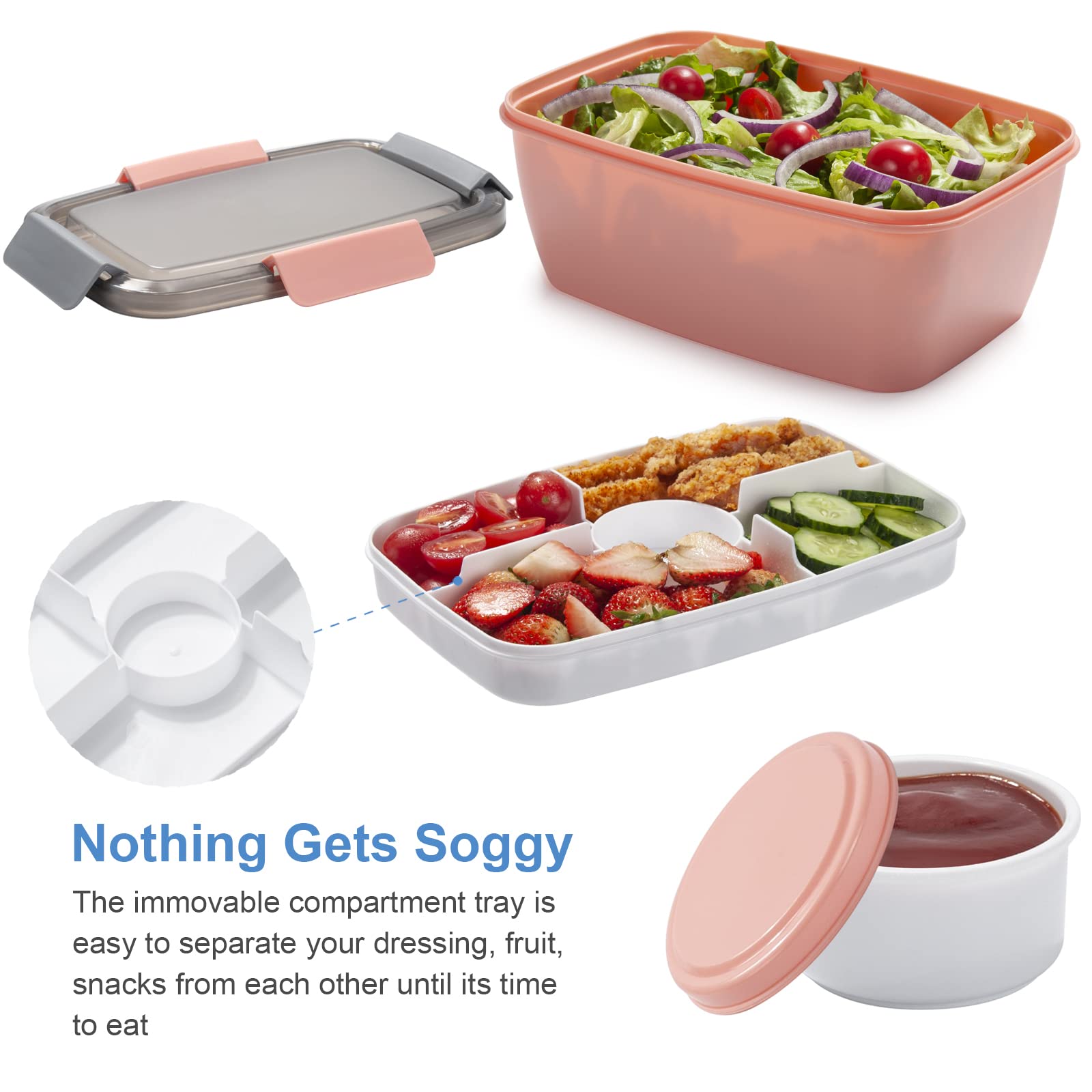 Freshmage Salad Lunch Container To Go, 68-Oz Salad Bowls With 4 Compartments, Salad Dressings Container For Salad Toppings, Snac