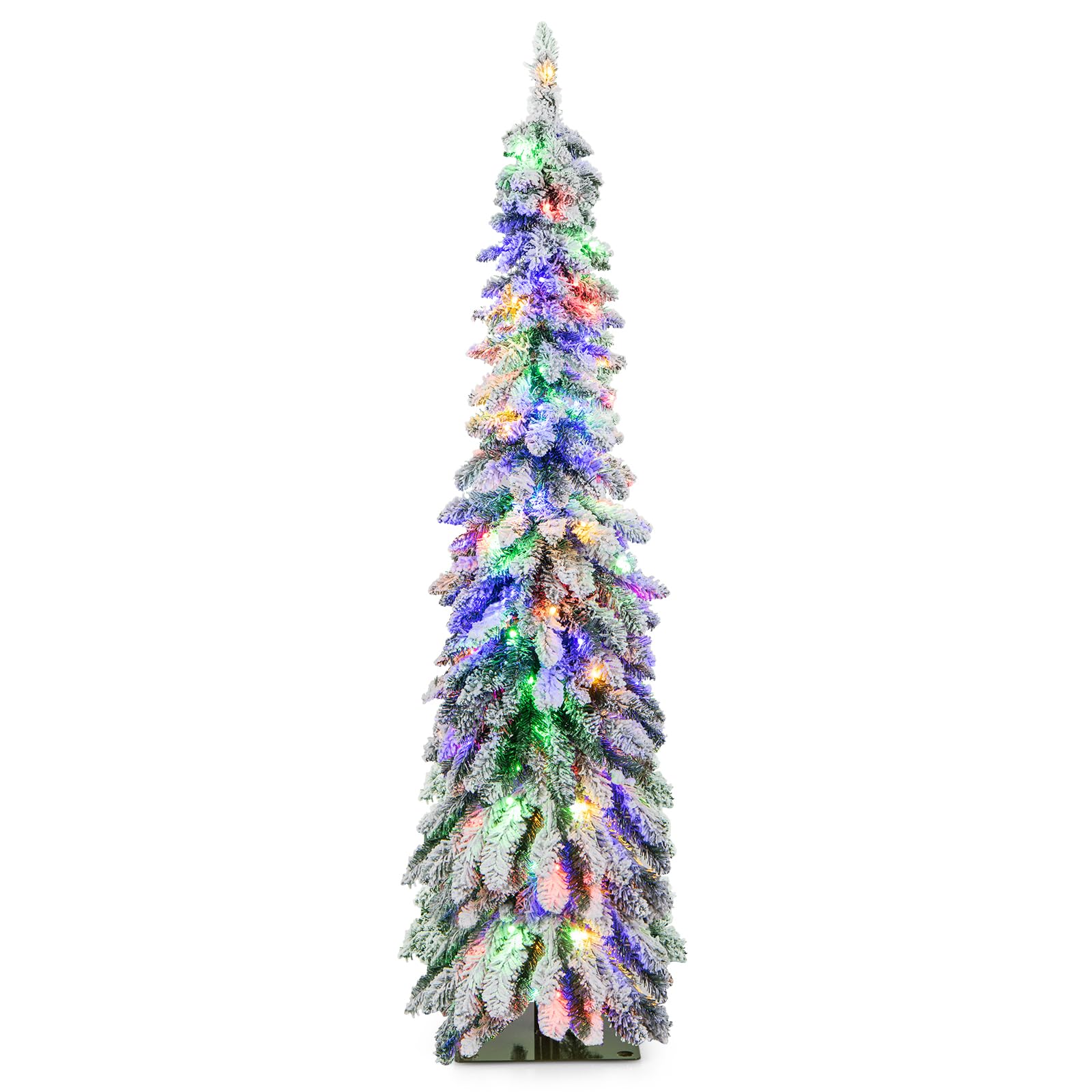 Goplus 5ft Pre-Lit Flocked Pencil Christmas Tree, Artificial Slim Xmas Tree with 334 PVC Branch Tips, 150 LED Lights, 2 Lighting