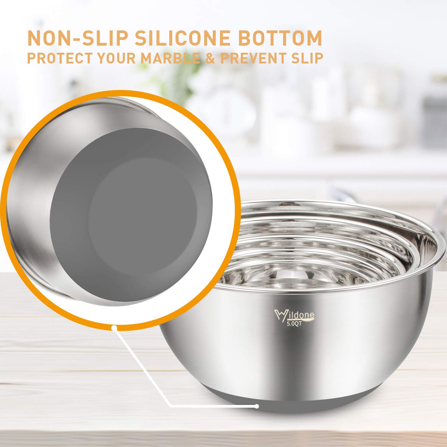Wildone Mixing Bowls With Lids Set, 5Pcs Stainless Steel Grey Nesting Bowls With 3 Grater Attachments, Measurement Marks & Non-S
