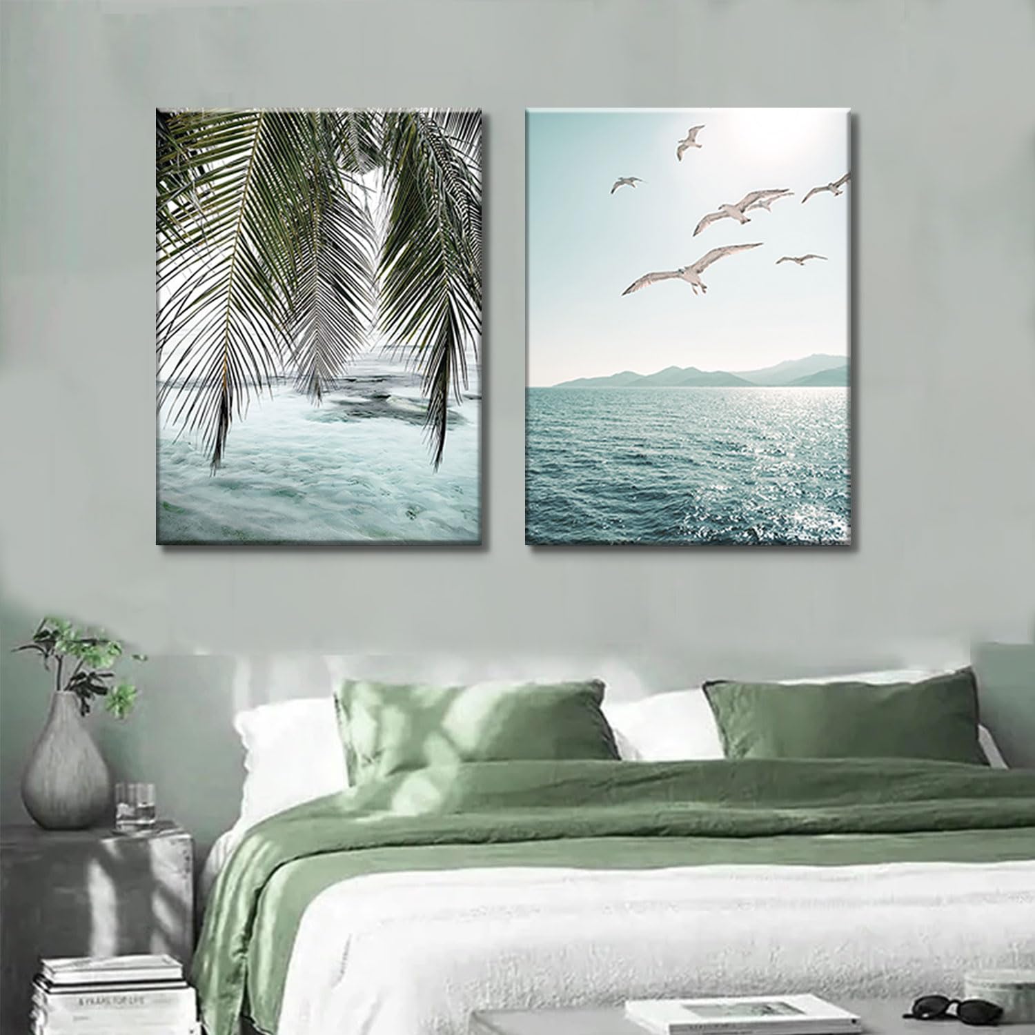 Framed Ocean Wall Art Beach Tropical Prints Bathroom Decor Canvas Turquoise Seascape Mint Green Paintings Coastal Pictures Palm Tree Artwork for Bedroom Living Room12''*16''*2