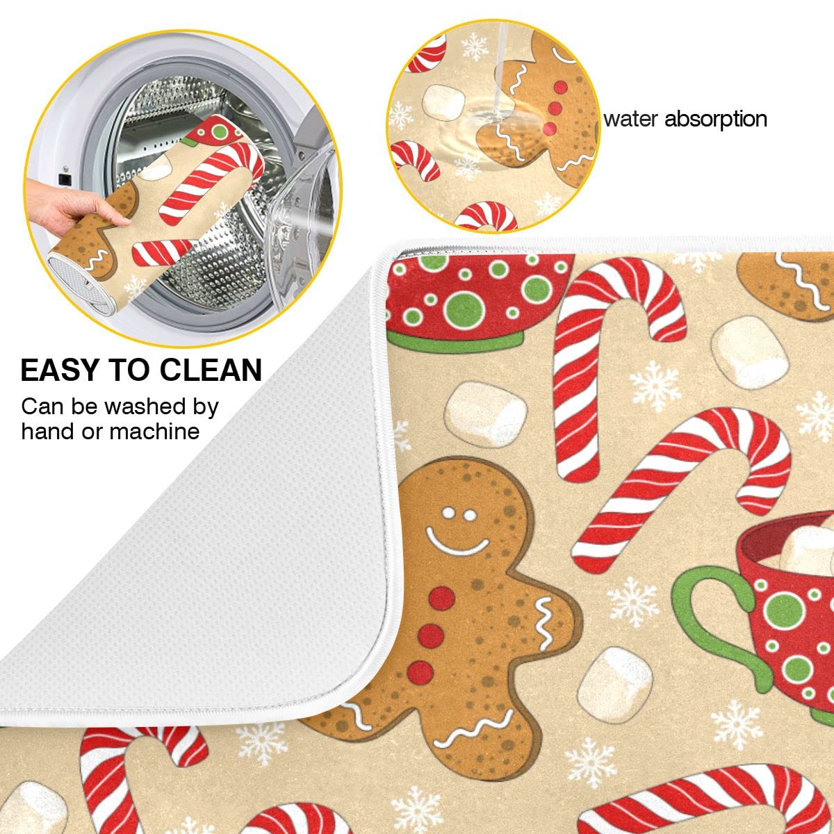 Christmas Gingerbread Man Candy Cane Dish Drying Mat For Kitchen Winter Snow Snowflake Snowman Xmas Microfiber Drying Mats Absor