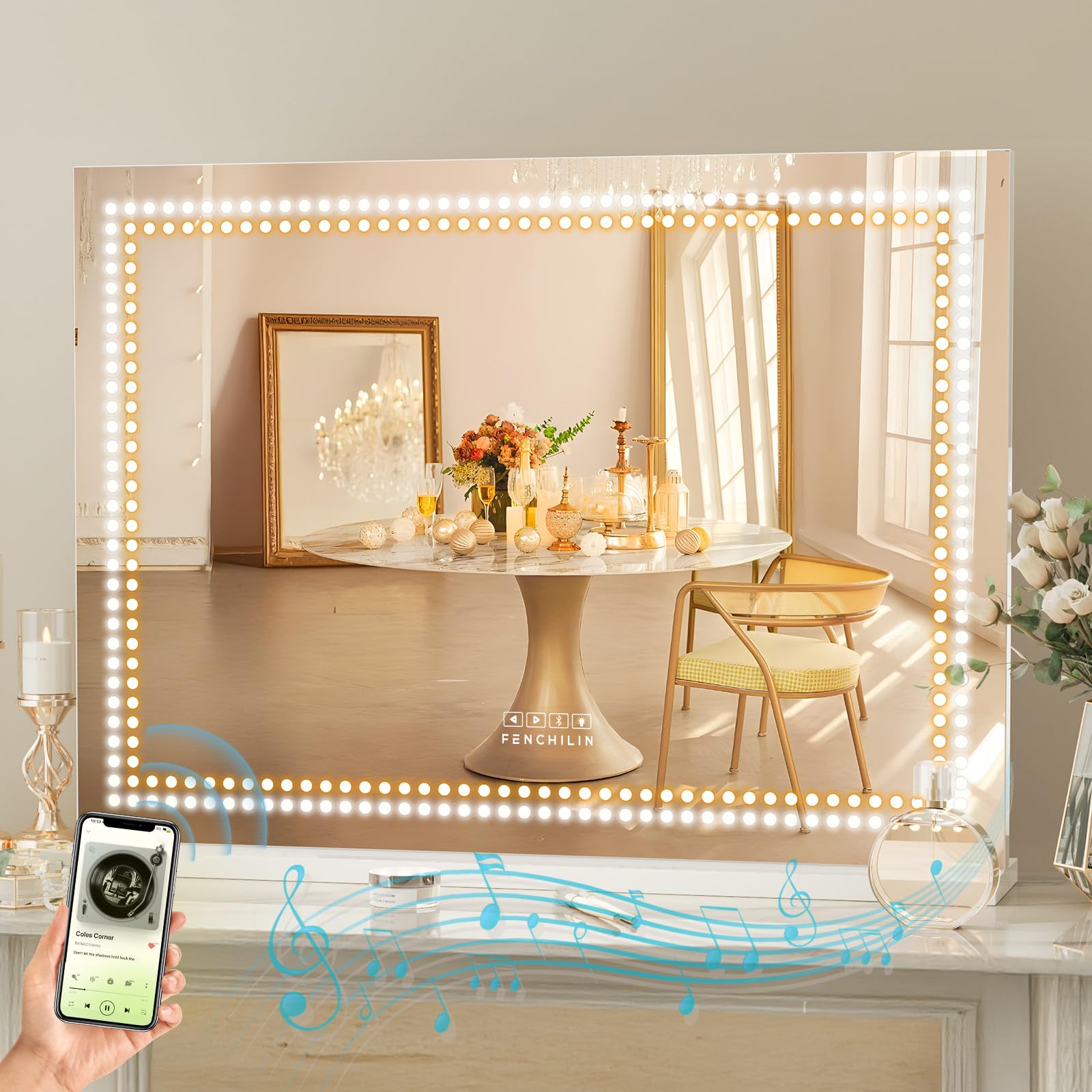 Fenchilin Vanity Mirror With Lights And Bluetooth Speaker 31.5X 22.8 Makeup Mirror Lighted Hollywood Mirror With Led Light Beads