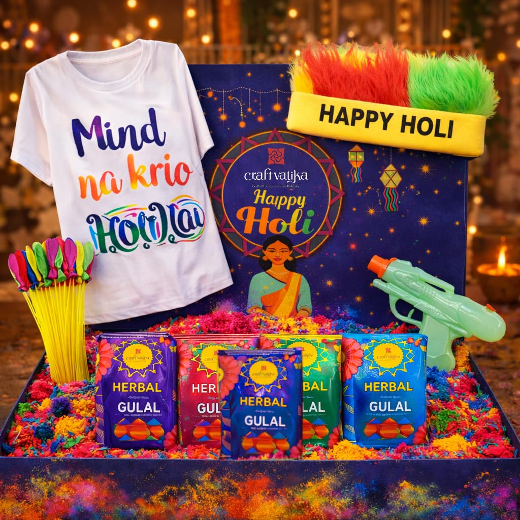 Craftvatika Holi Gift Box Hamper - Holi Colour Gift Combo - Gift Box With Balloons T-Shirts Pichkari - Pack Of 45 Party Pack Com