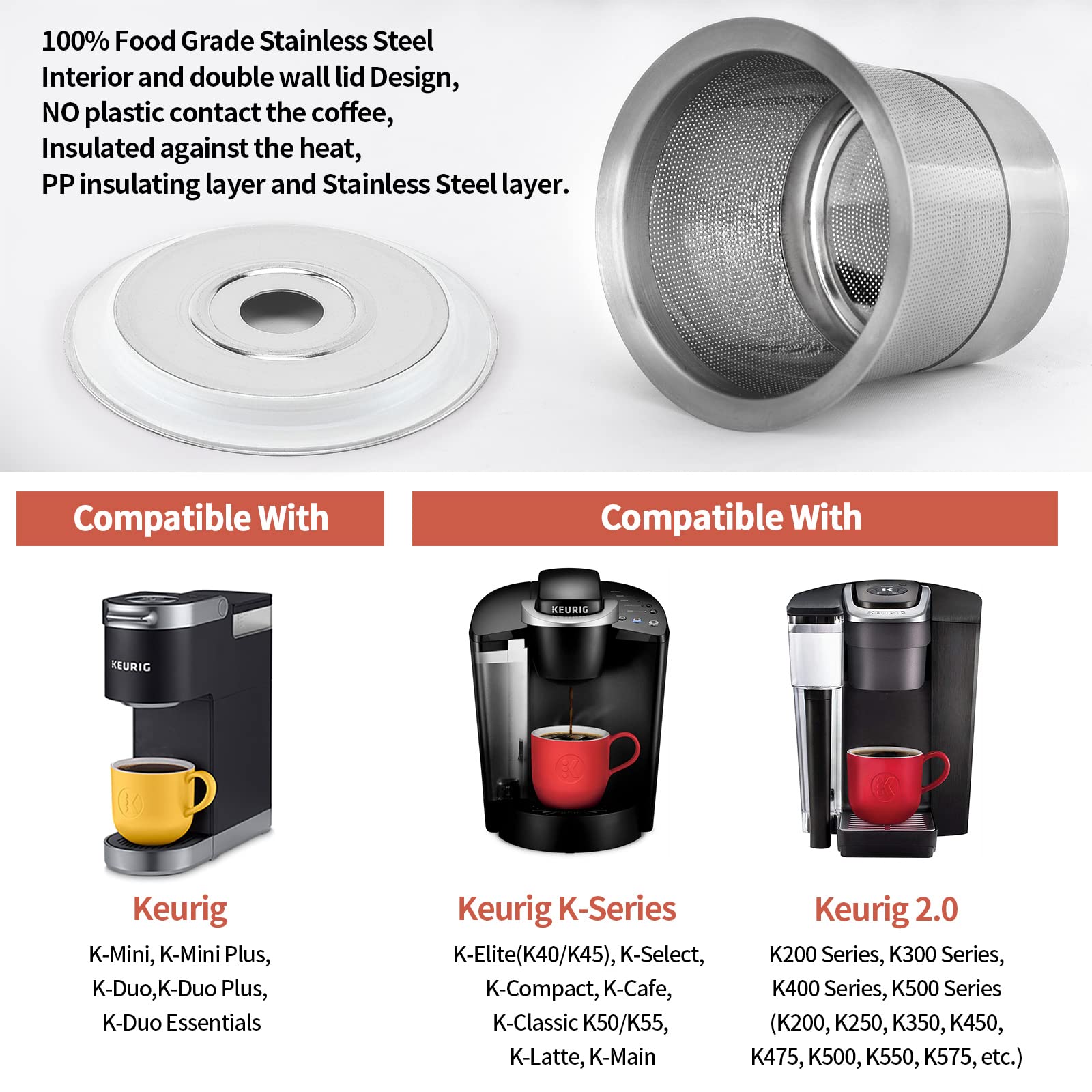 RUOYING Reusable K Cups Coffee Pod Filters - Stainless Steel, Universal for Keurig 1.0 & 2.0, 2 Pack