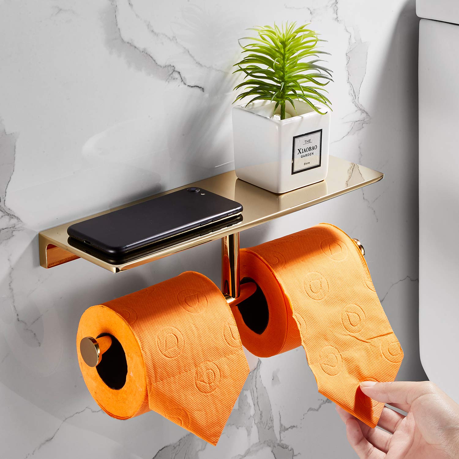 Double Roll Toilet Paper Holder With Shelf Solid Brass And Superior Hotel Style Tissue Dispenser Spared Storage Polished Gold Fi