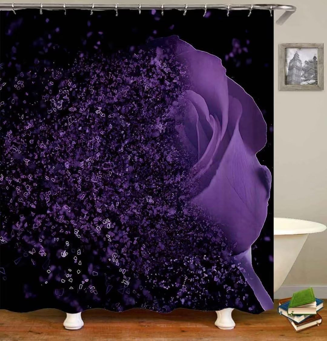 Yddsky Purple Rose 4 Pcs Shower Curtain Sets Non-Slip Rugs Bath Mat Toilet Cover U Shaped Mat Black Purple Shower Curtain With 1
