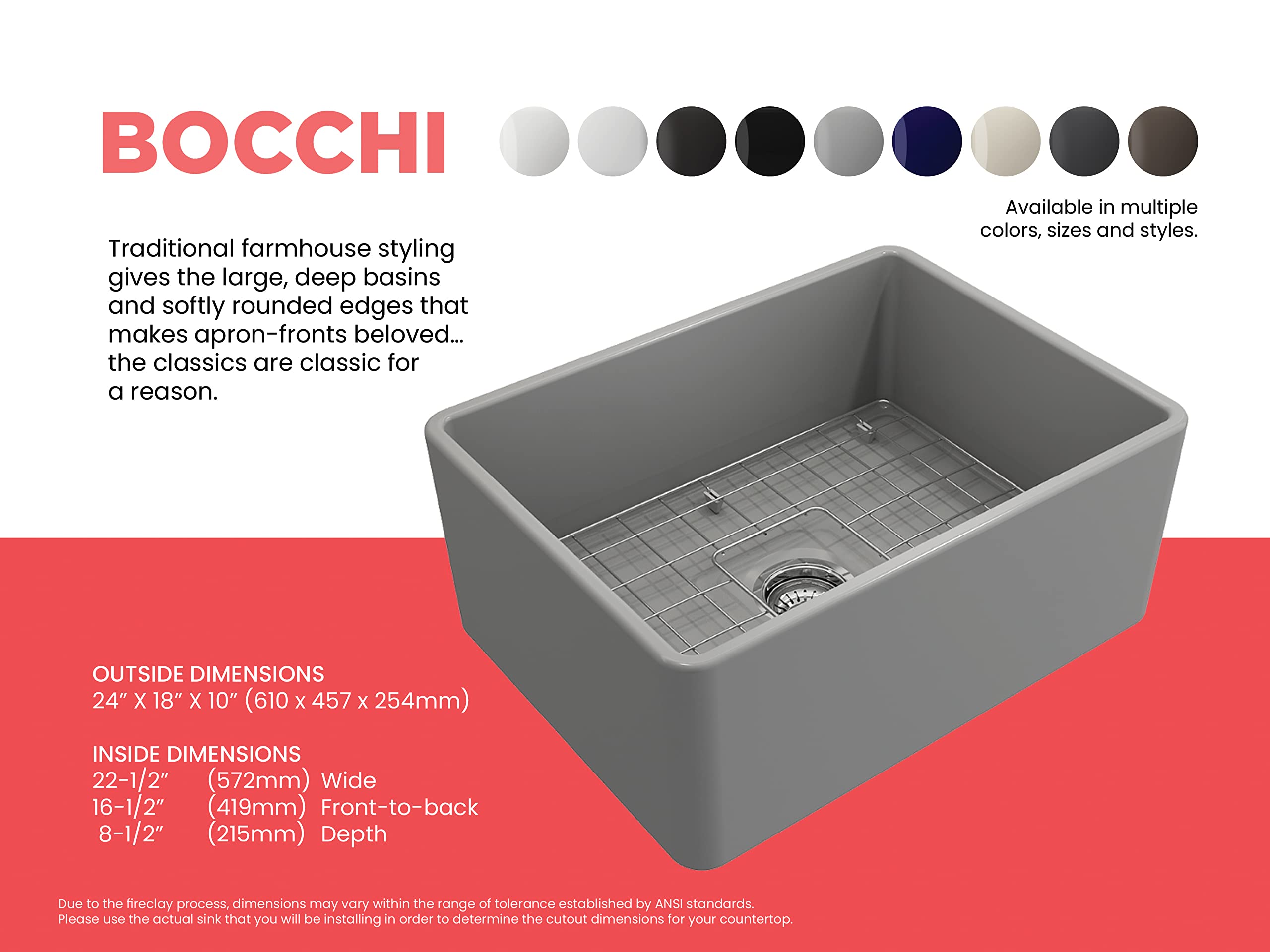 Bocchi Classico Farmhouse Apron Front Fireclay 24 In. Single Bowl Kitchen Sink With Protective Bottom Grid And Strainer In M.Gra