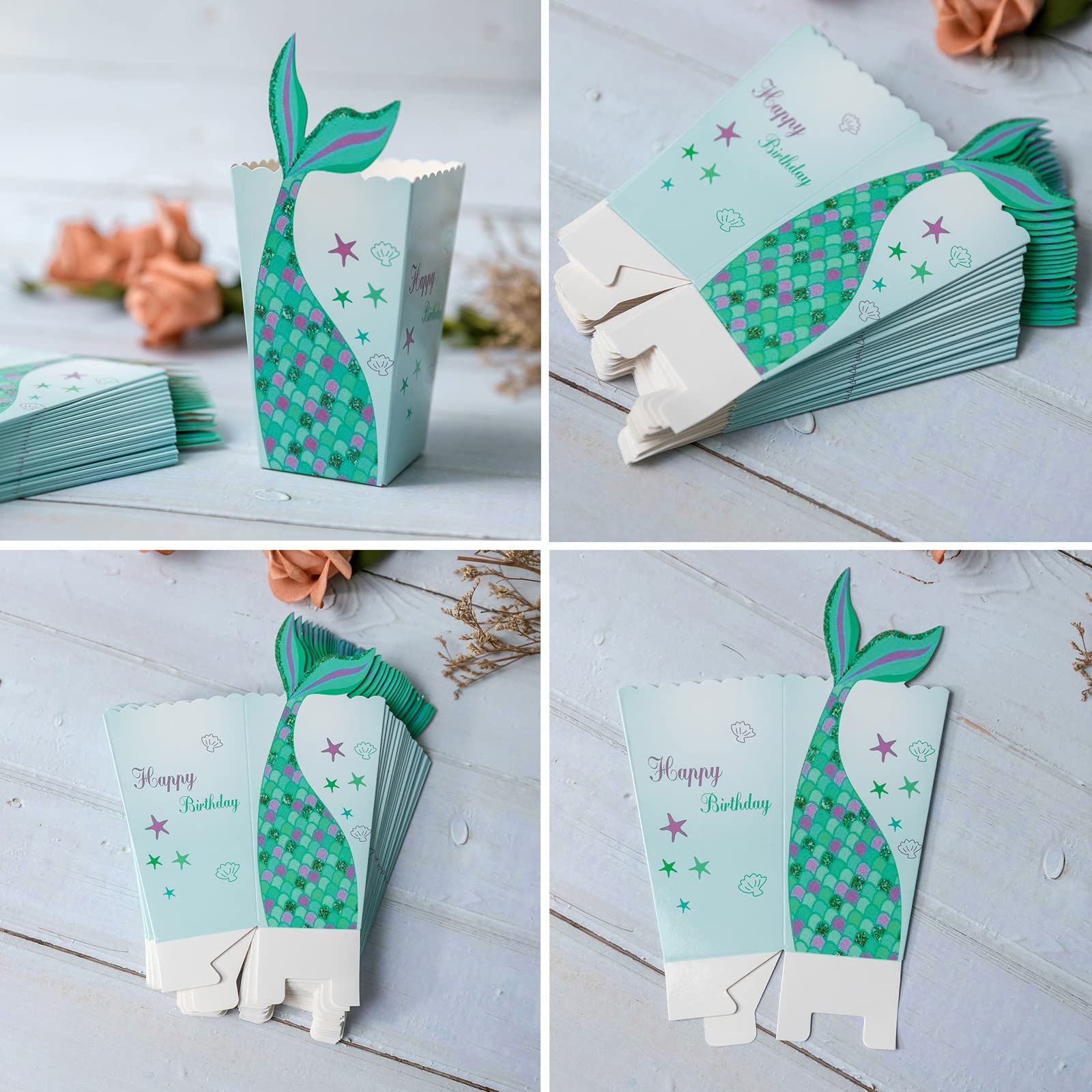 Lamantery 24Pcs Mermaid Popcorn Box Snack Treat Paper Box Mermaid Birthday Party Supplies Cardboard Candy Cookie Container For W
