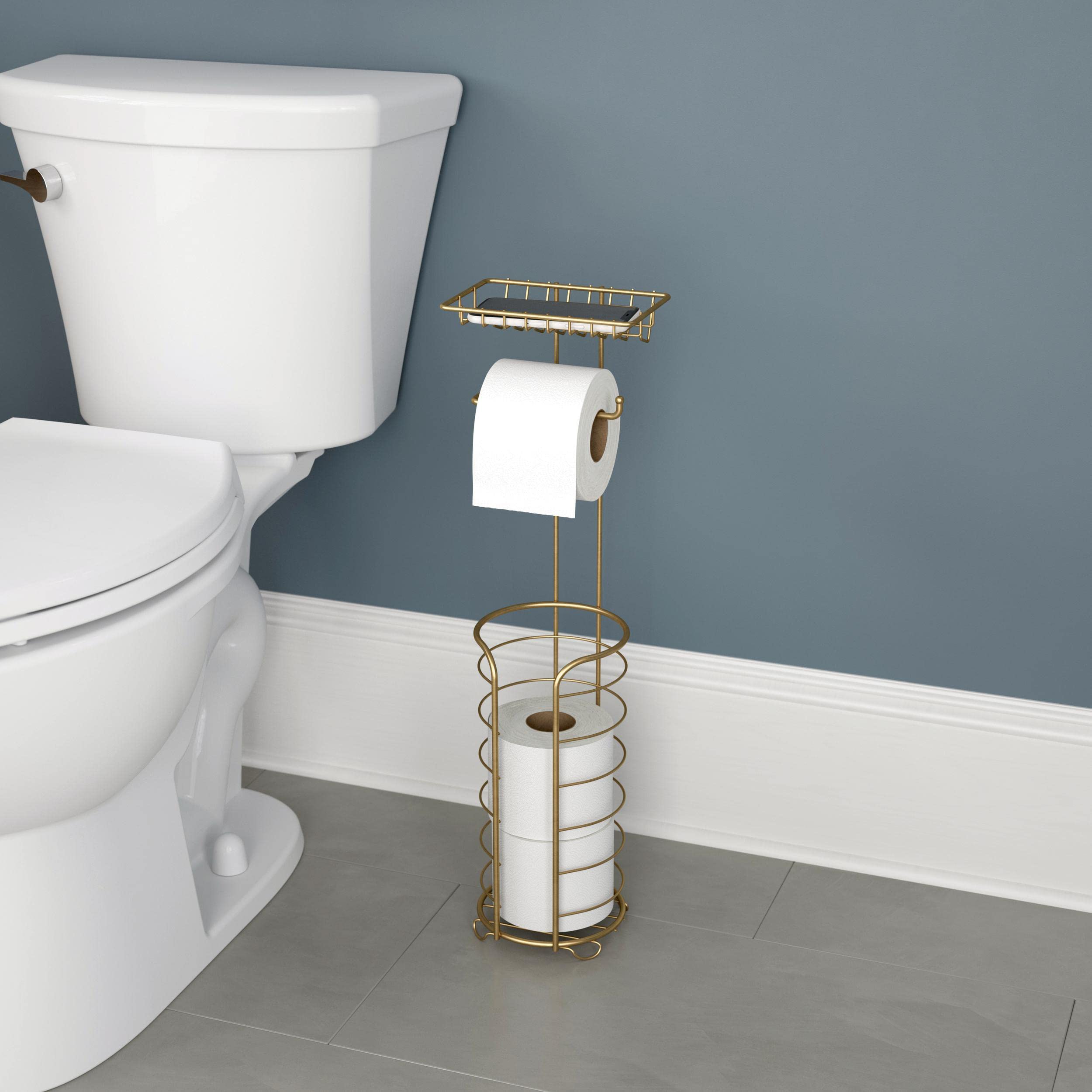 Franklin Brass (1-Pack) Toilet Paper Holder Free Standing Satin Gold Toilet Paper Stand Storage Bathroom Organization Storage Sh