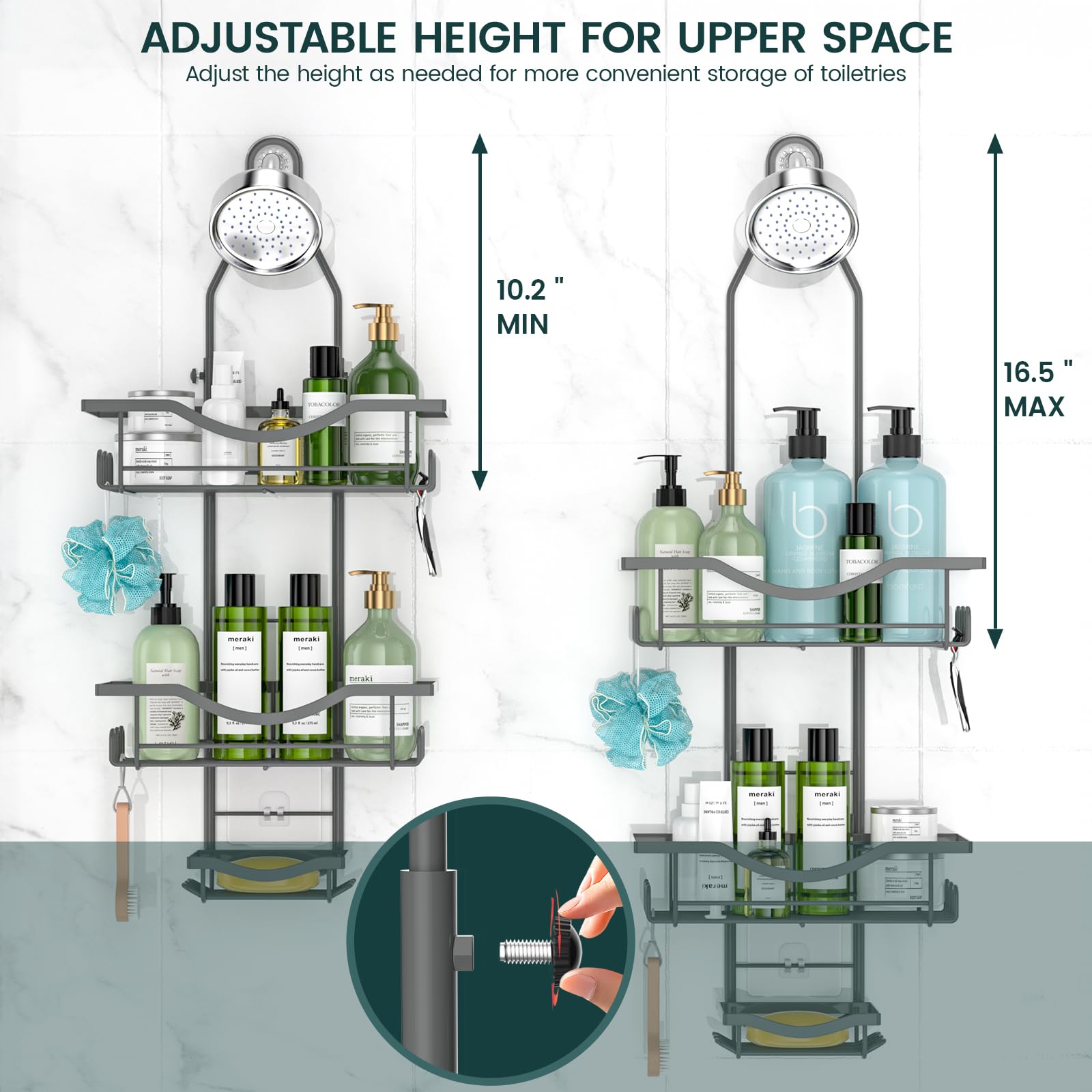 Reinhardt Shower Caddy Hanging Adjustable, Extended Length Rustproof Shower Caddy Over Shower Head With Hooks Soap Holder, Large