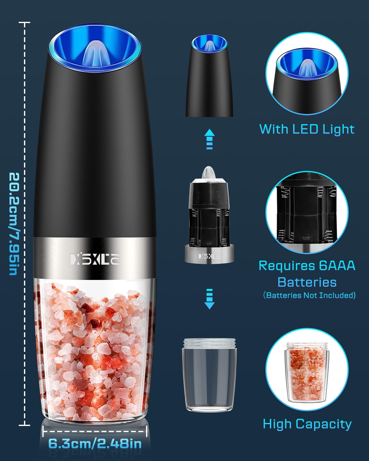 XinXu Gravity Electric Pepper and Salt Grinder Set, Adjustable Coarseness, with LED Light, One Hand Automatic Operation (Set/Cor