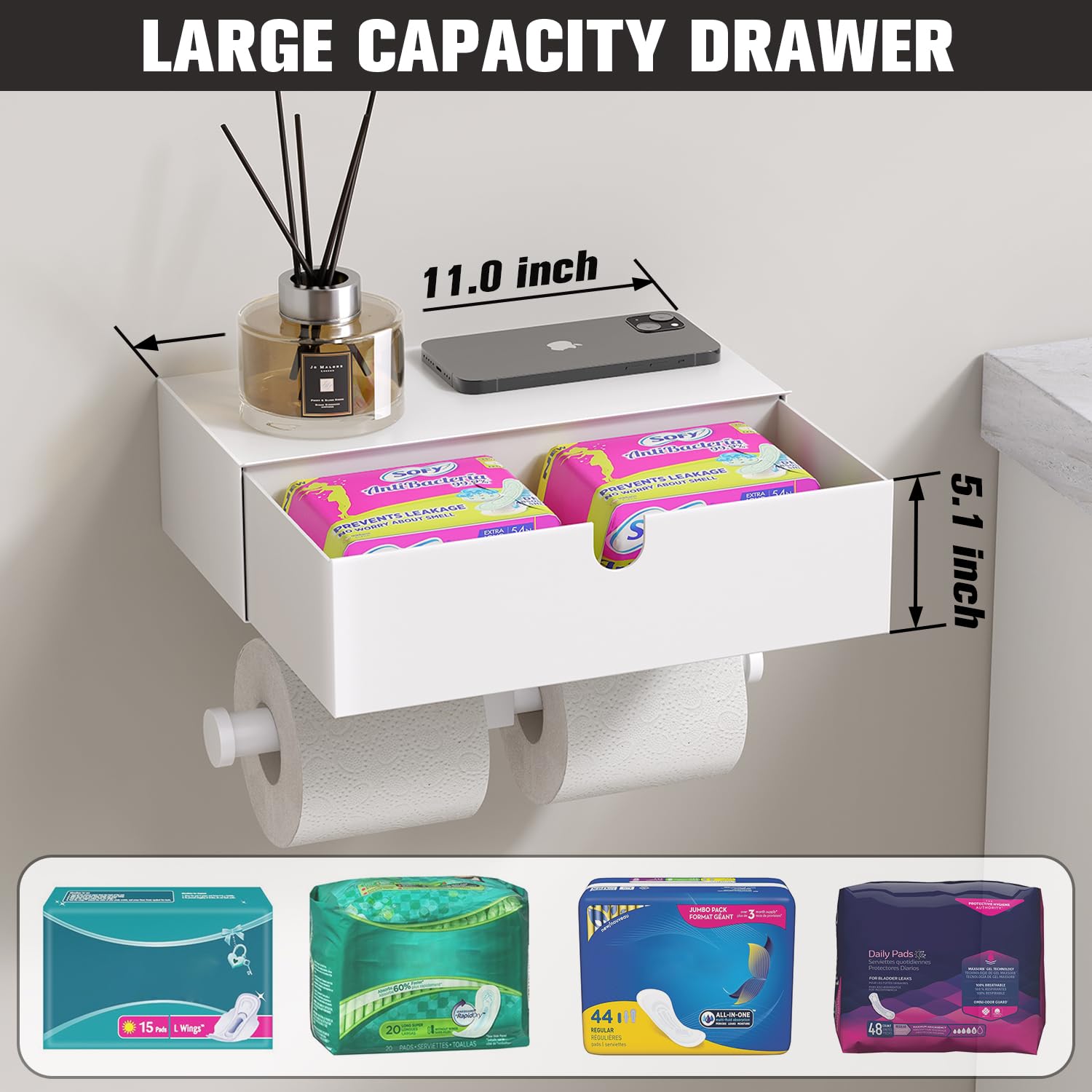 Tindbea Toilet Paper Holder With Storage - Stainless Steel Wall Mounted Toilet Paper Holder With Shelf, Flushable Wipes Holer Di