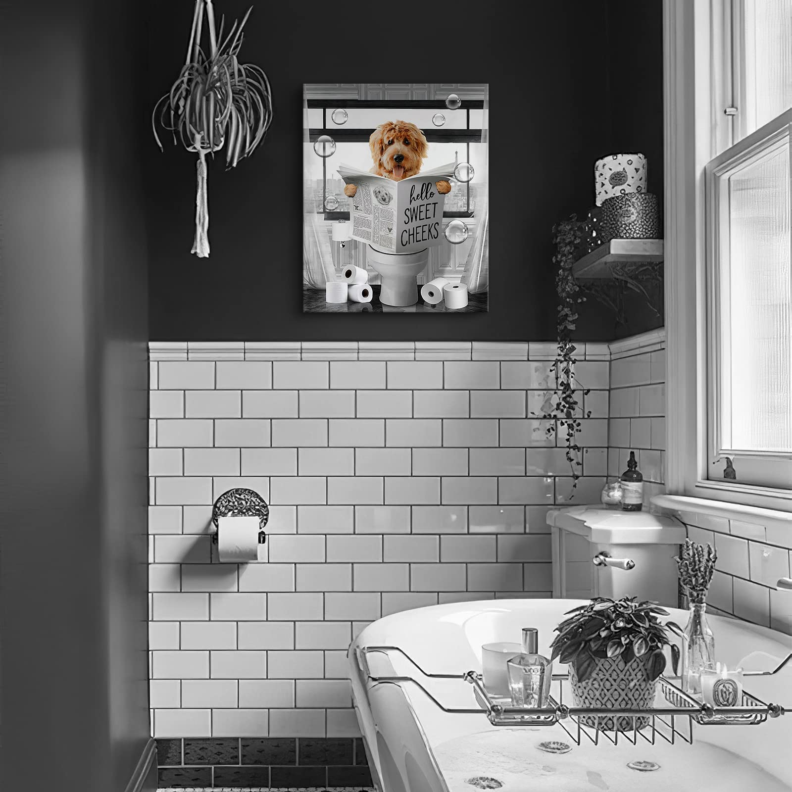 Funny Dog Wall Art Black And White Dog Bathroom Print Farmhouse Bathroom Animals Wall Decor Dog Sitting In Toilet Reading Newspa