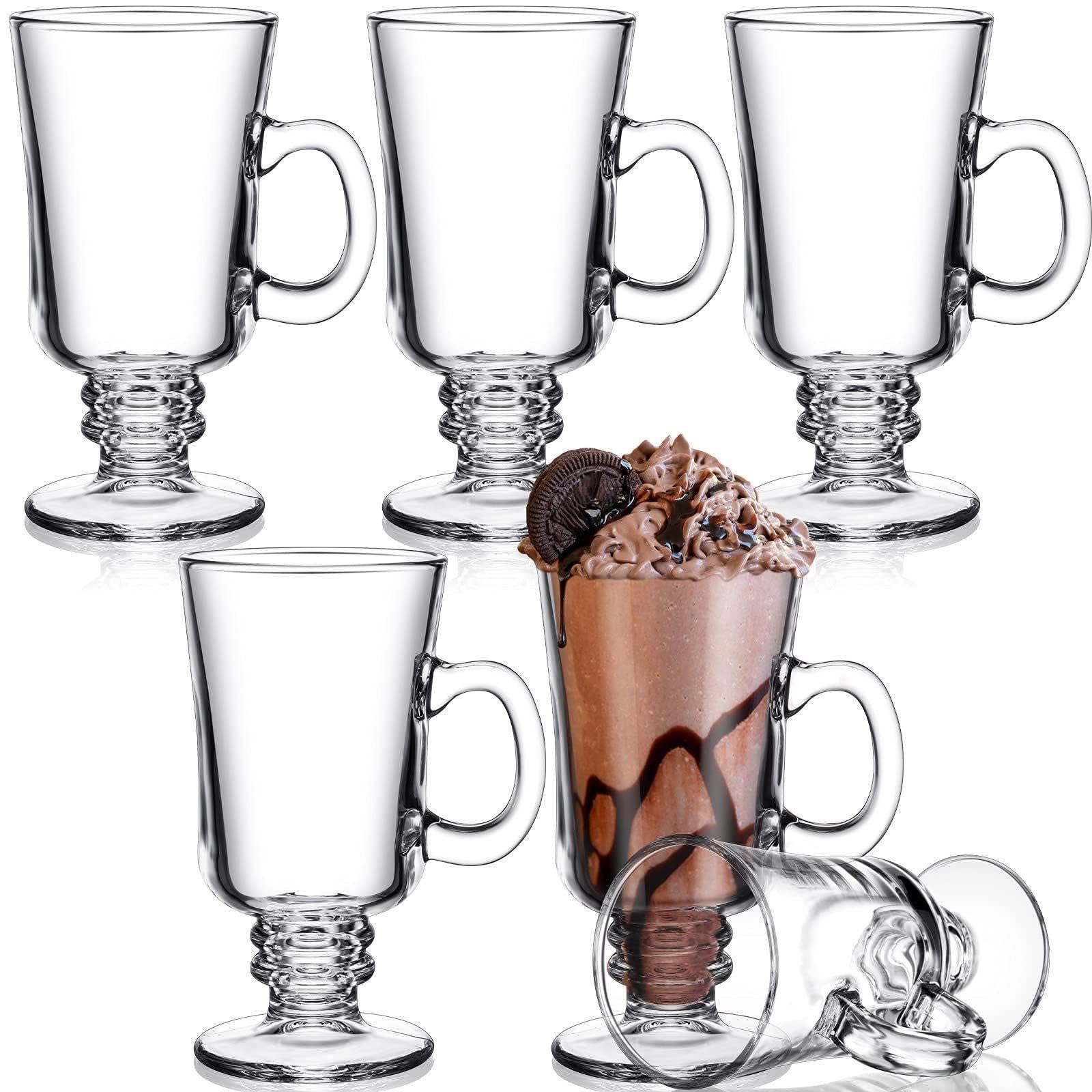 Patelai 6 Pieces 8 Ounce Irish Coffee Mugs Clear Glass Cup with Handle High Base Glass Latte Cup Footed Irish Coffee Clear Mugs 