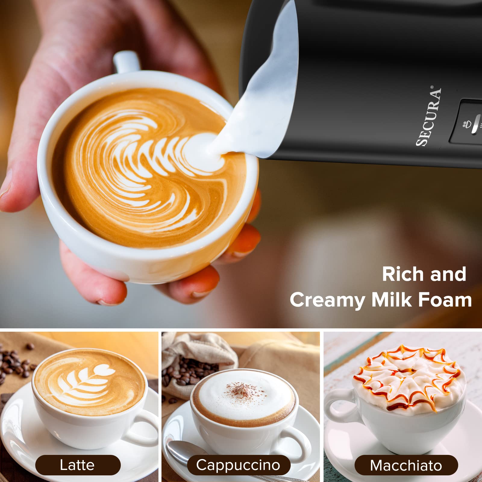 Secura Electric Milk Frother, Stainless Steel Hot & Cold Foam Maker, 8.4oz, Black, Model MMF-015