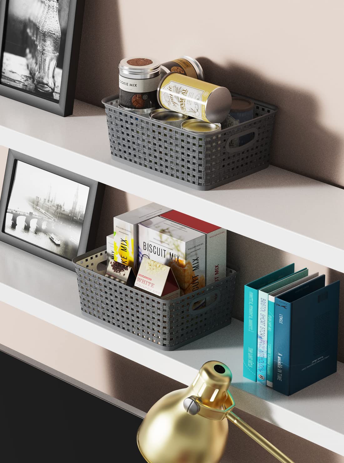 Wyt Weave Storage Organizer Baskets, Grey 6-Pack Plastic Woven Baskets, 10.1'' X 7.55'' X 4.1''