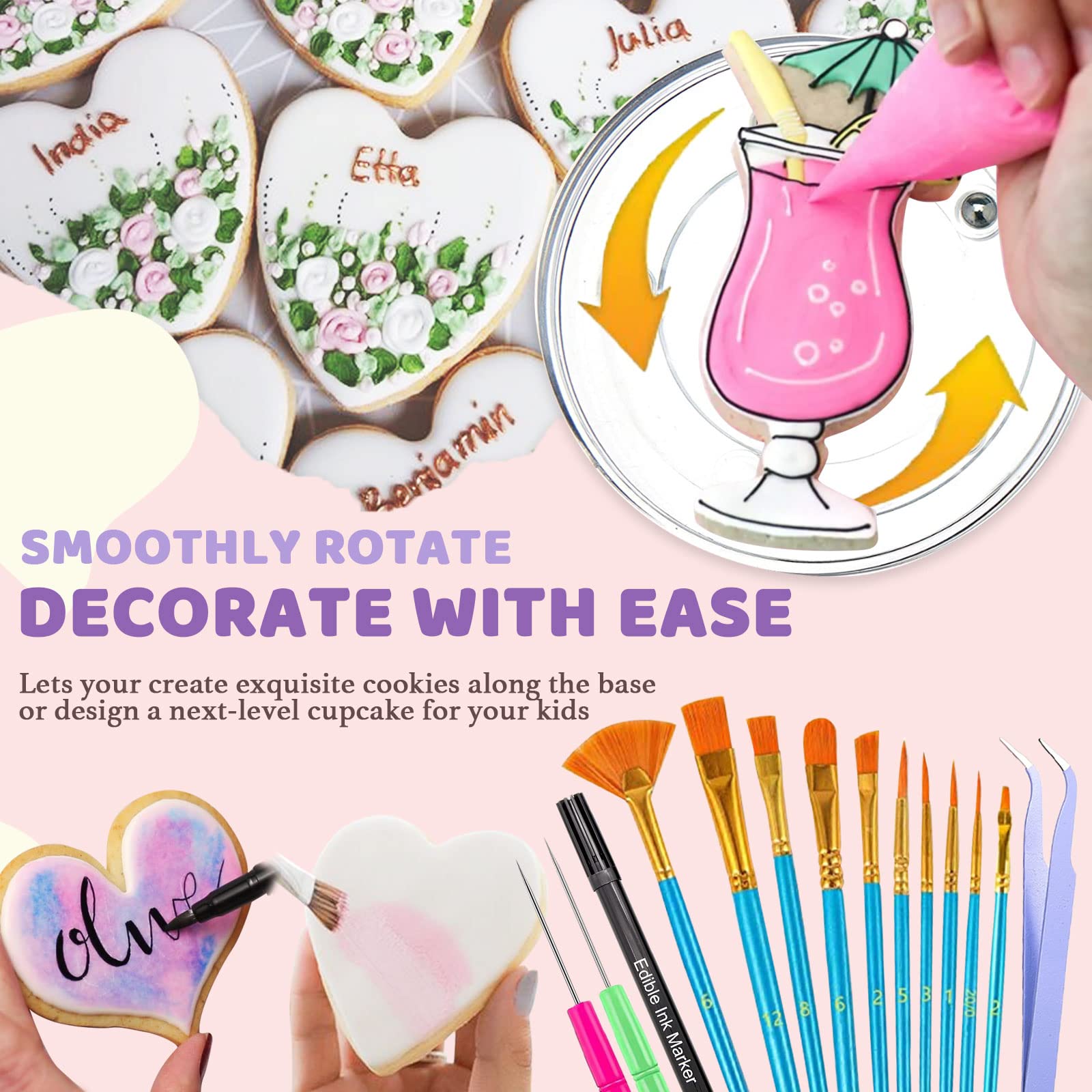 Lushyum Cookie Decorating Kit 118Pcs With Storage Case, Royal Sugar Piping Bags And Tips Icing Supplies Set, Turntable Scribe De