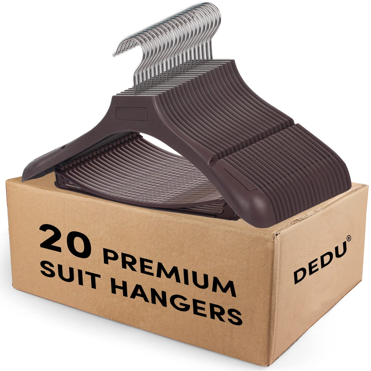 Dedu Plastic Extra Wide Shoulder Suit Hangers For Men 20 Pack Width 17.3 '', Brown Sweater Hangers No Shoulder Bump Non Slip For